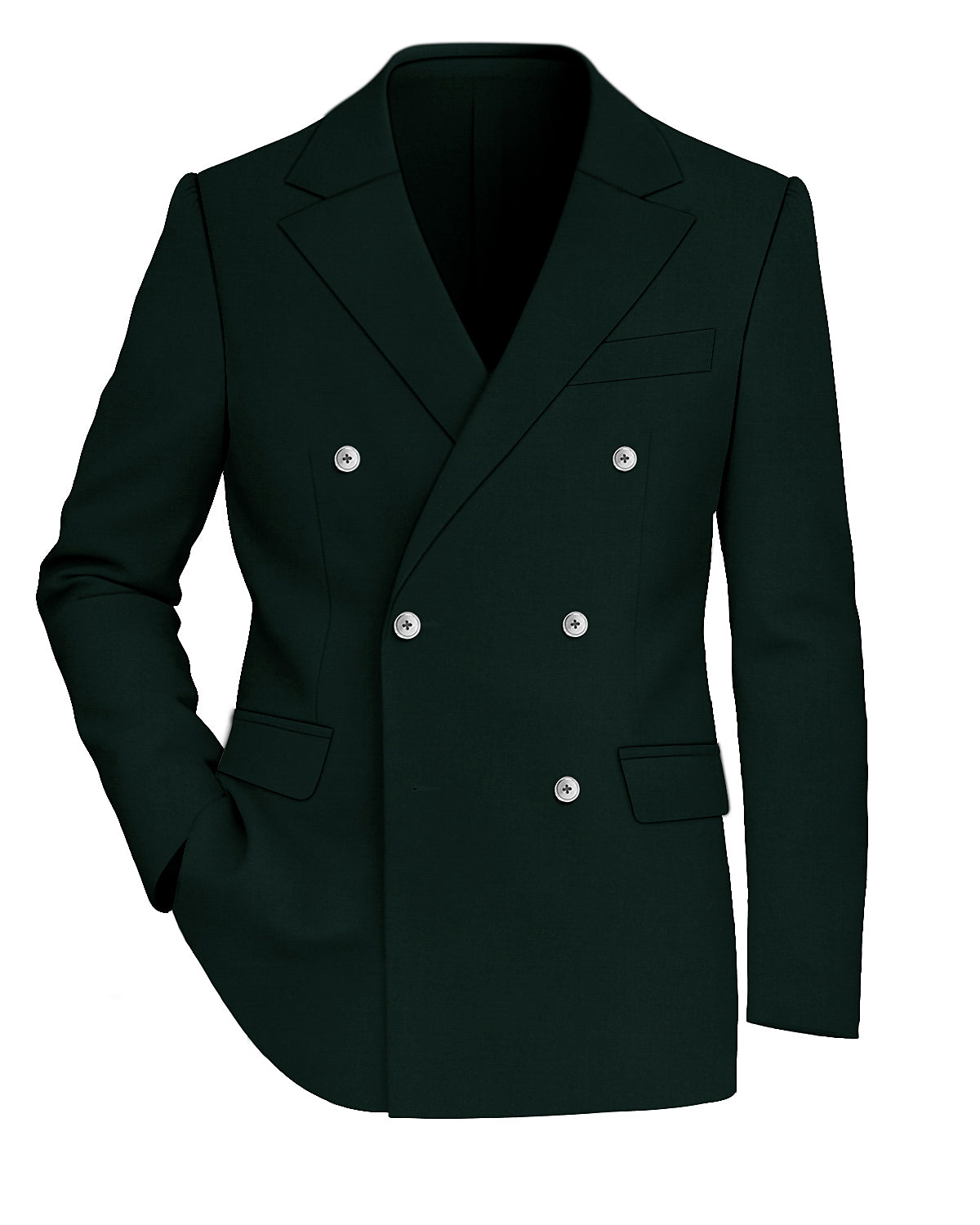 Racing Green Worsted Wool 4 Way Stretch Wrinkle Free Fluid Drape Fabric Double Breasted Blazer