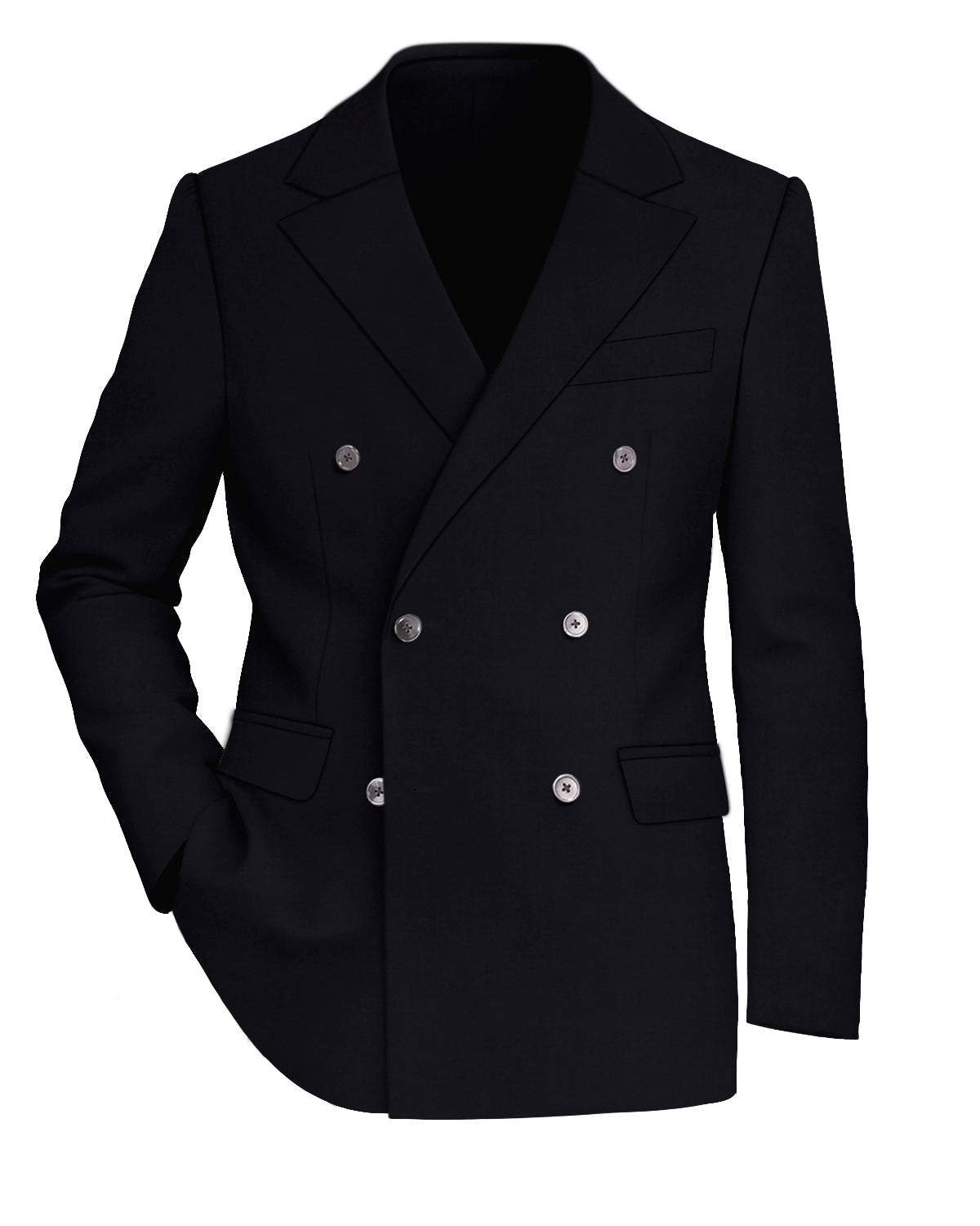 Jade Black Worsted Wool 4 Way Stretch Wrinkle Free Fluid Drape Fabric Double Breasted Blazer