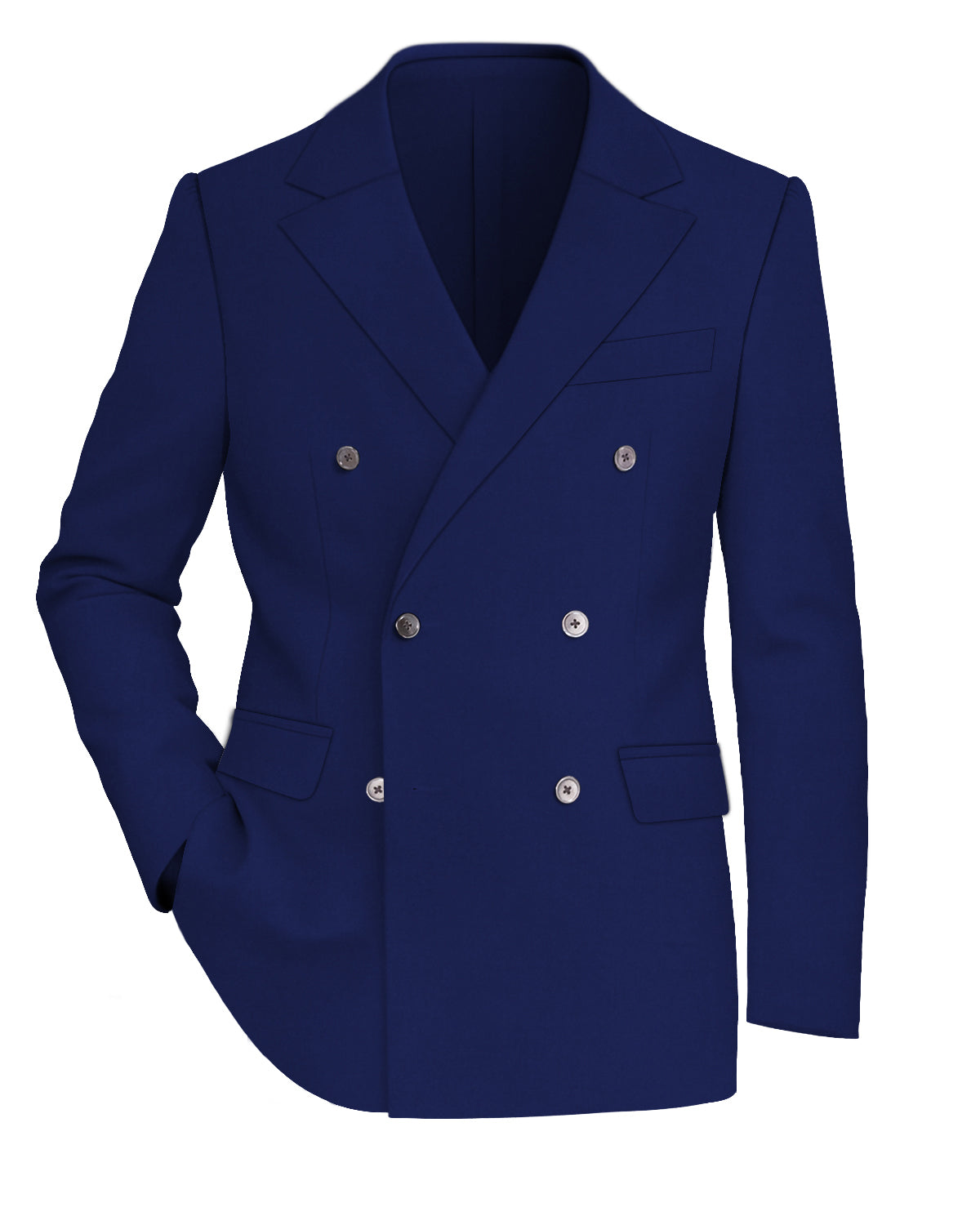 Sapphire Blue Worsted Wool 4 Way Stretch Wrinkle Free Fluid Drape Fabric Double Breasted Blazer