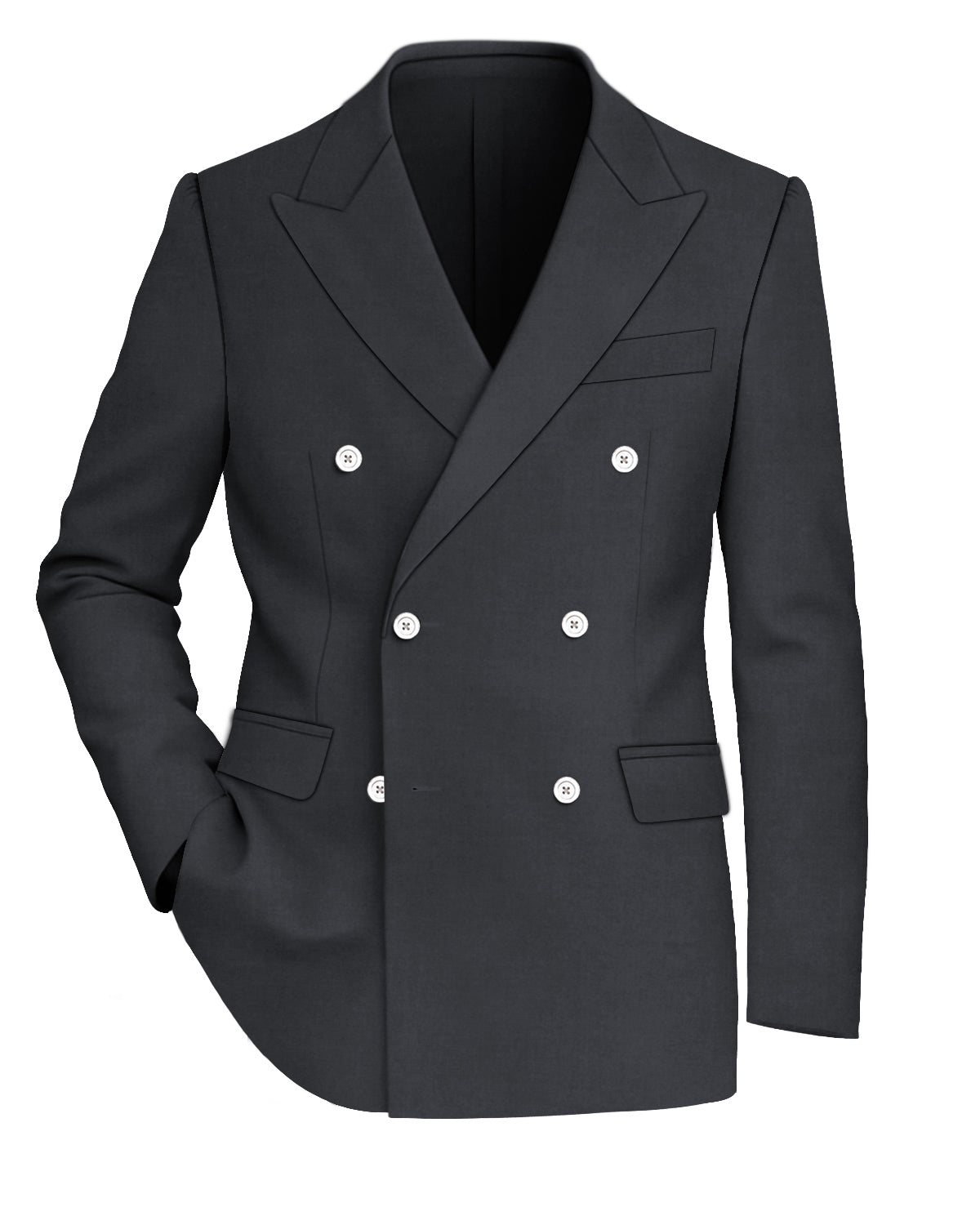 Charcoal Gray Worsted Wool 4 Way Stretch Wrinkle Free Fluid Drape Fabric Double Breasted Blazer