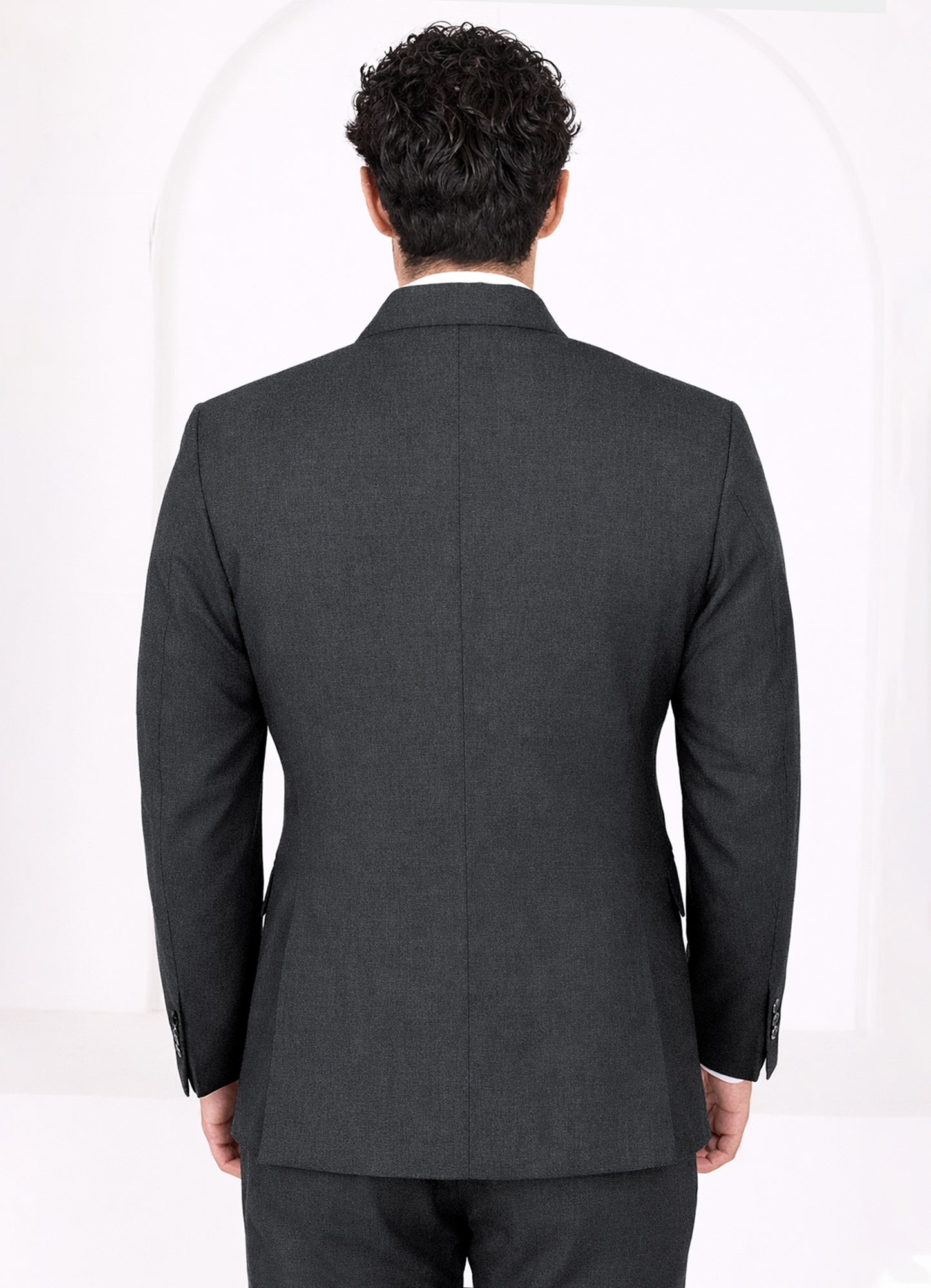 Charcoal Gray Worsted Wool 4 Way Stretch Wrinkle Free Fluid Drape Fabric Double Breasted Blazer