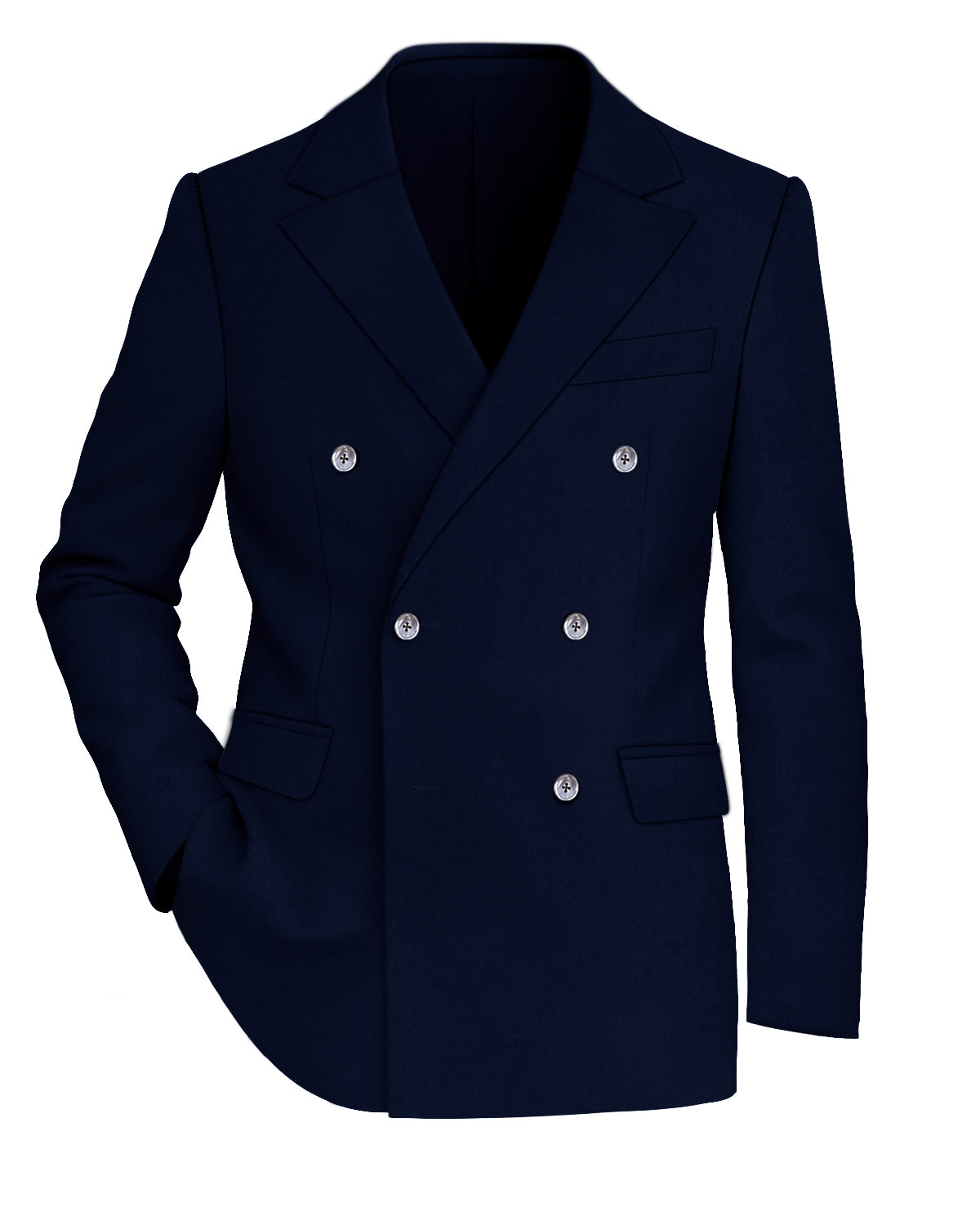 Firefly Blue Worsted Wool 4 Way Stretch Wrinkle Free Fluid Drape Fabric Double Breasted Blazer