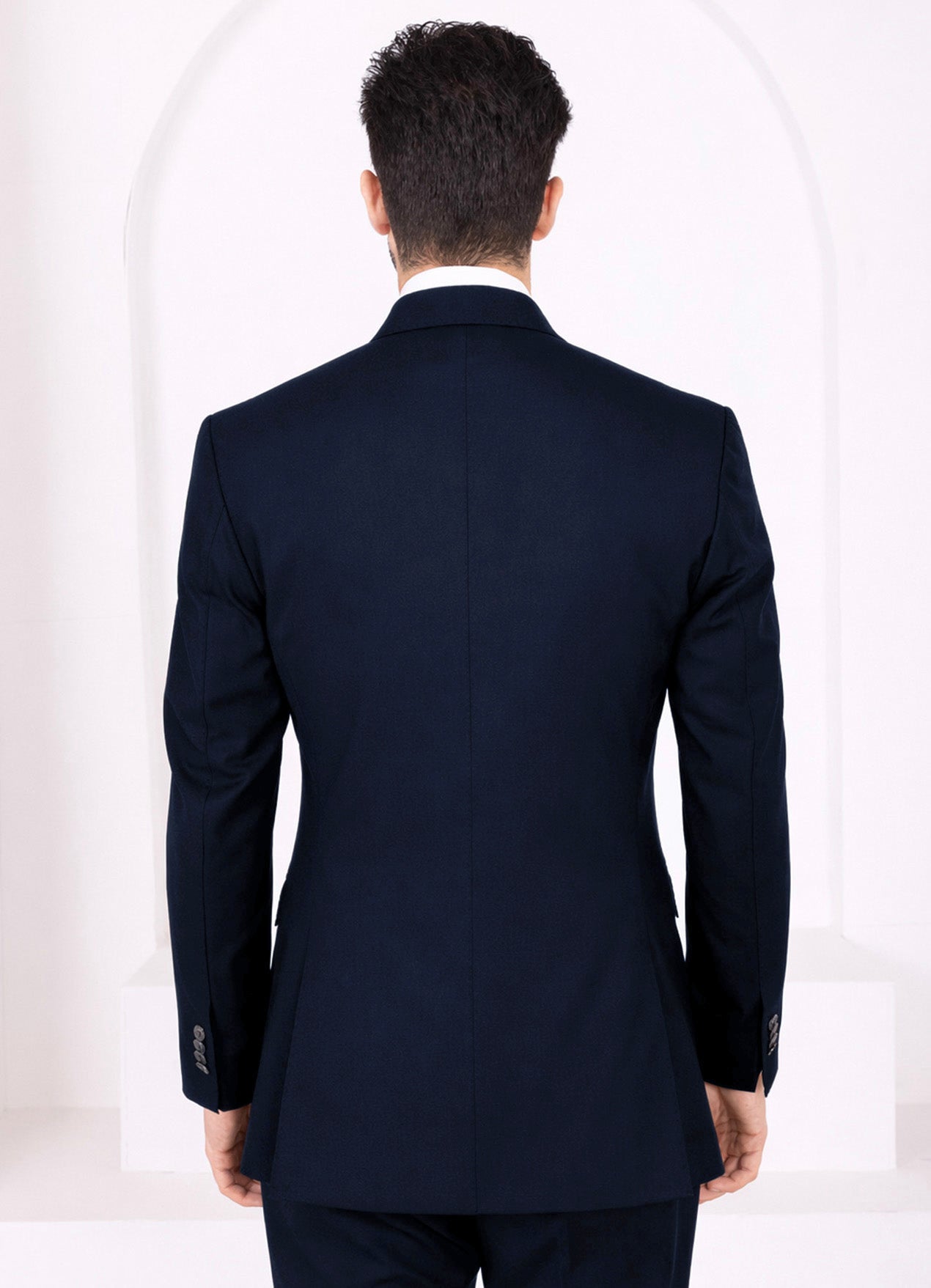 Firefly Blue Worsted Wool 4 Way Stretch Wrinkle Free Fluid Drape Fabric Double Breasted Blazer