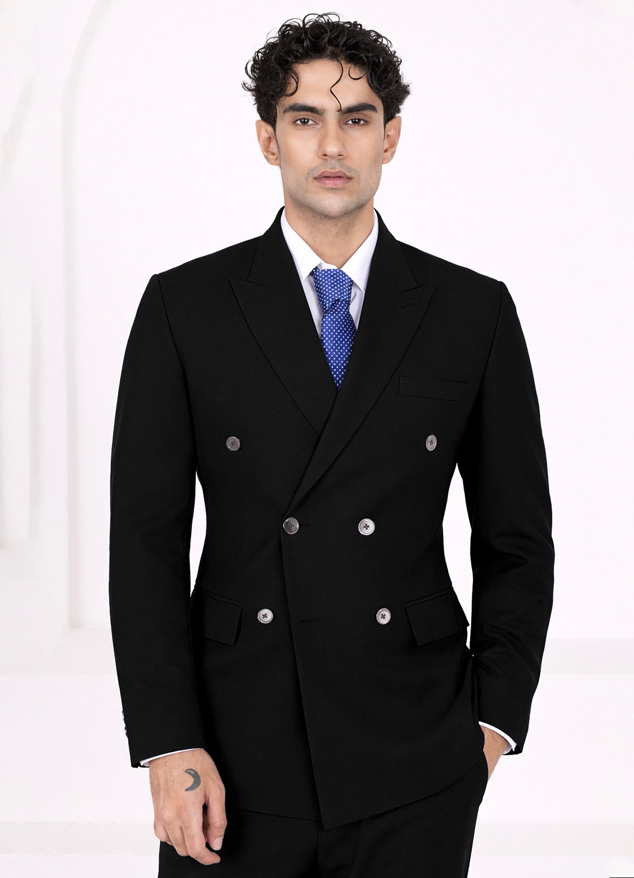 Jade Black Subtle Sheen Wool Rich Stretchable traveler Double Breasted Blazer