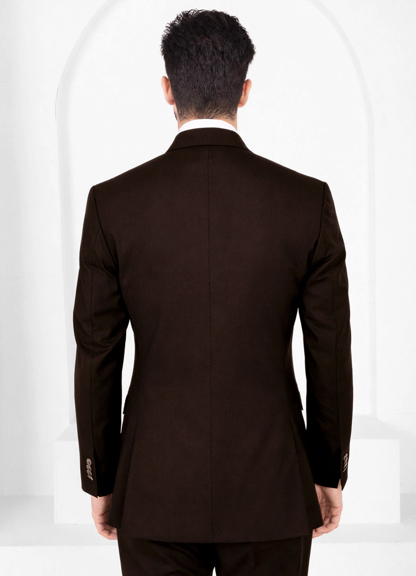 Cocoa Brown Worsted Wool 4 Way Stretch Wrinkle Free Fluid Drape Fabric Double Breasted Blazer