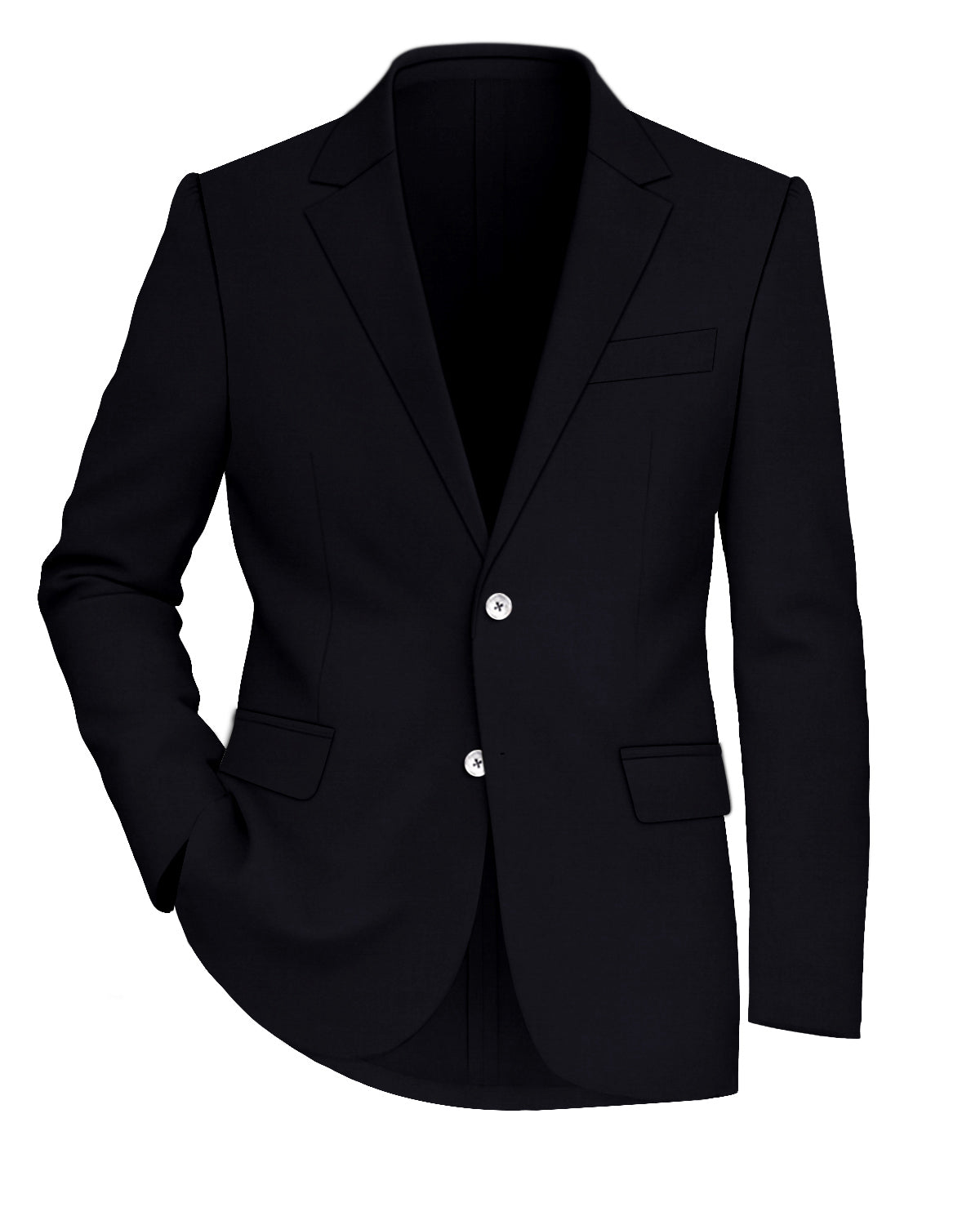 Jade Black Worsted Wool 4 Way Stretch Wrinkle Free Fluid Drape Fabric Single Breasted Blazer