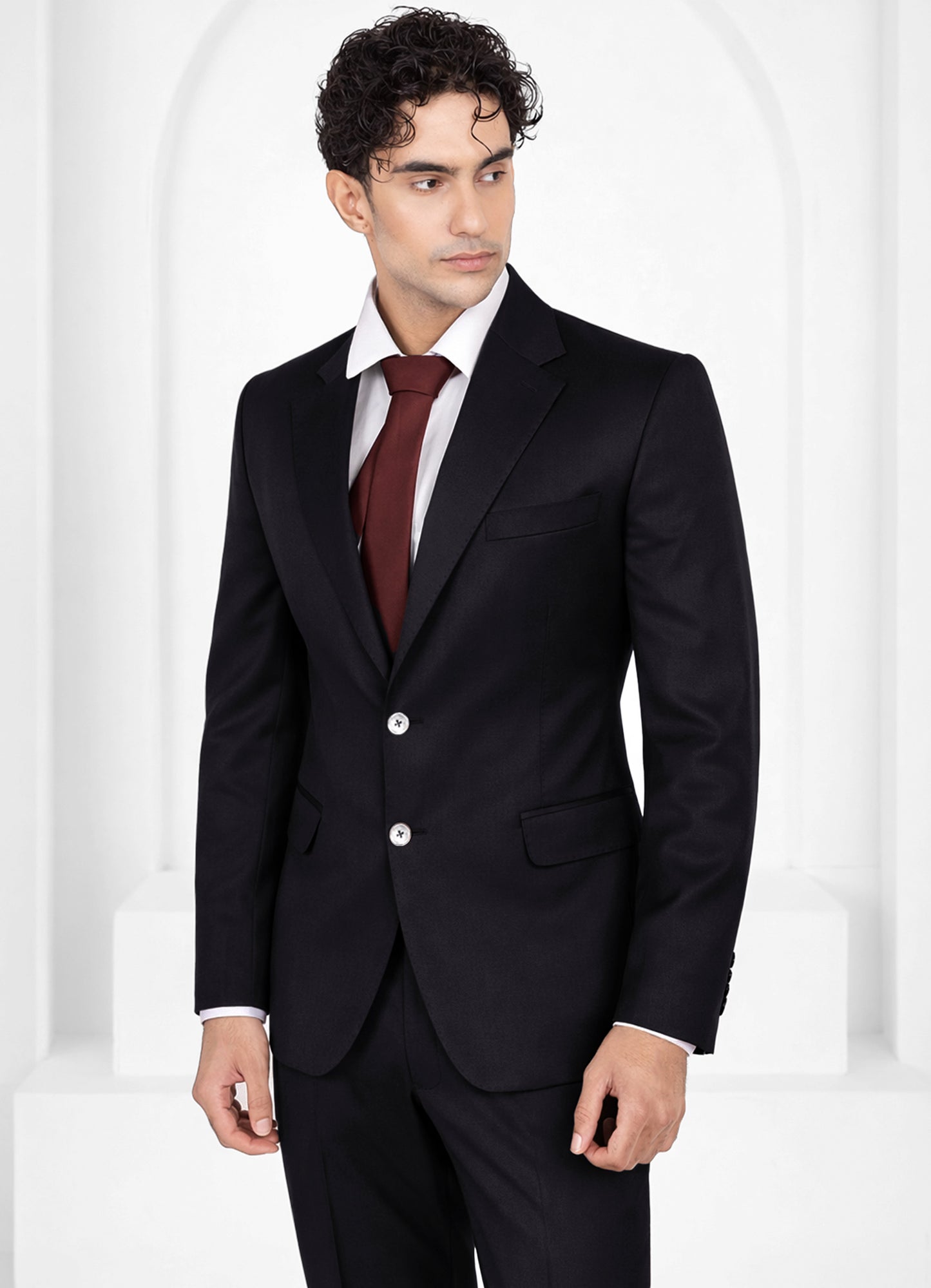 Jade Black Worsted Wool 4 Way Stretch Wrinkle Free Fluid Drape Fabric Single Breasted Blazer