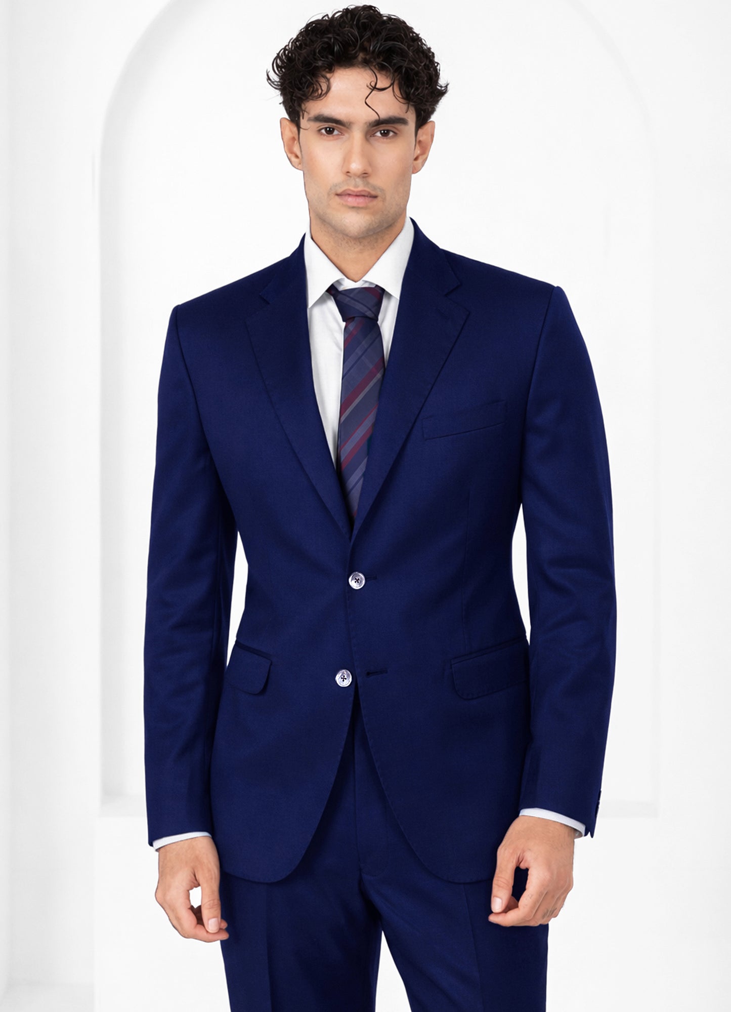 Sapphire Blue Worsted Wool 4 Way Stretch Wrinkle Free Fluid Drape Fabric Single Breasted Blazer