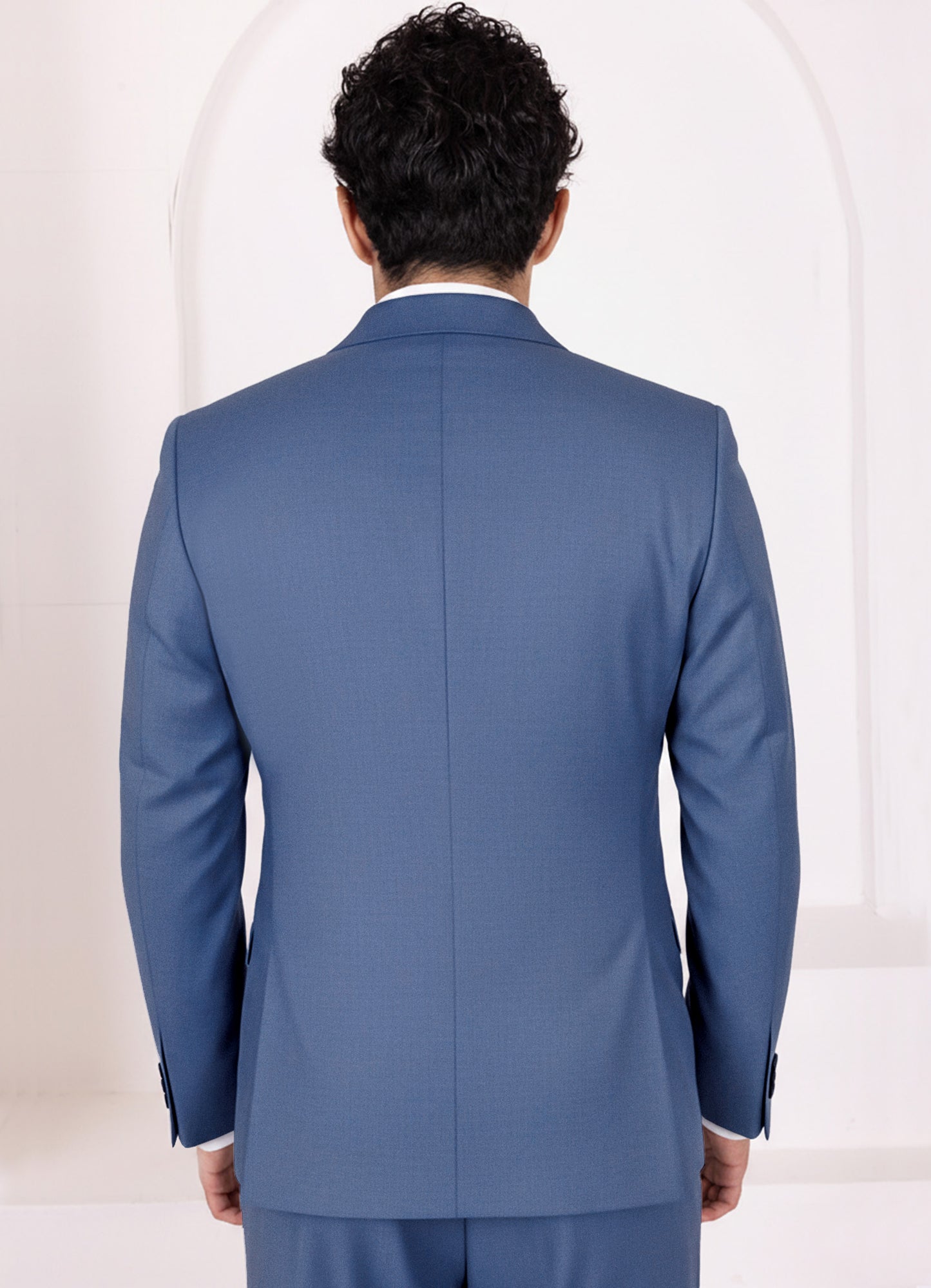 Marble Blue Worsted Wool 4 Way Stretch Wrinkle Free Fluid Drape Fabric Double Breasted Blazer