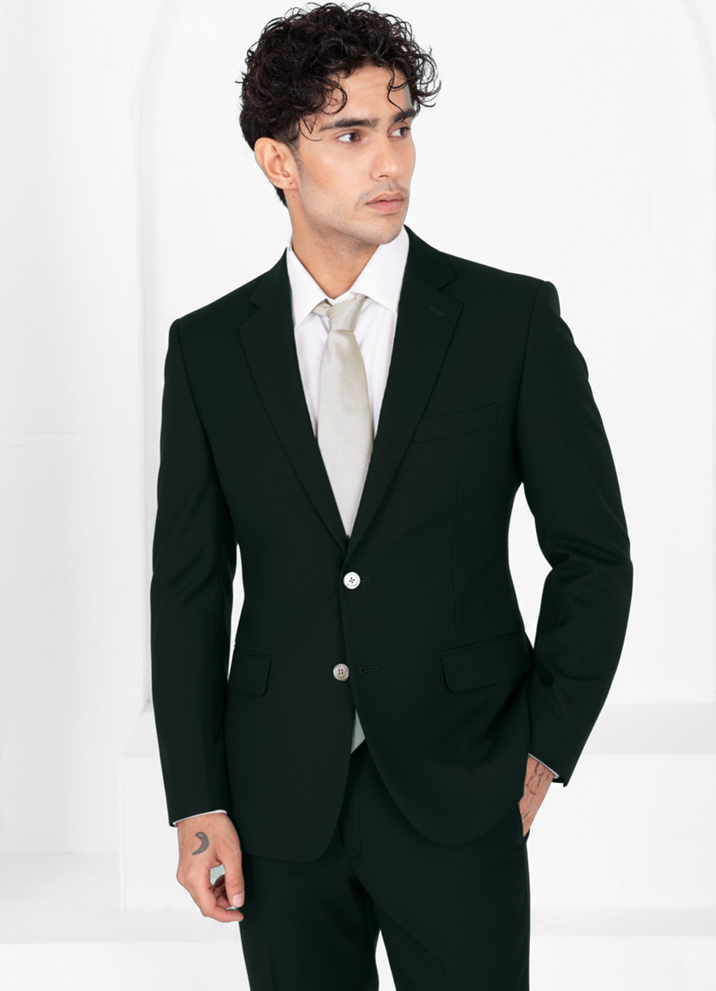 Racing Green Worsted Wool 4 Way Stretch Wrinkle Free Fluid Drape Fabric Single Breasted Blazer