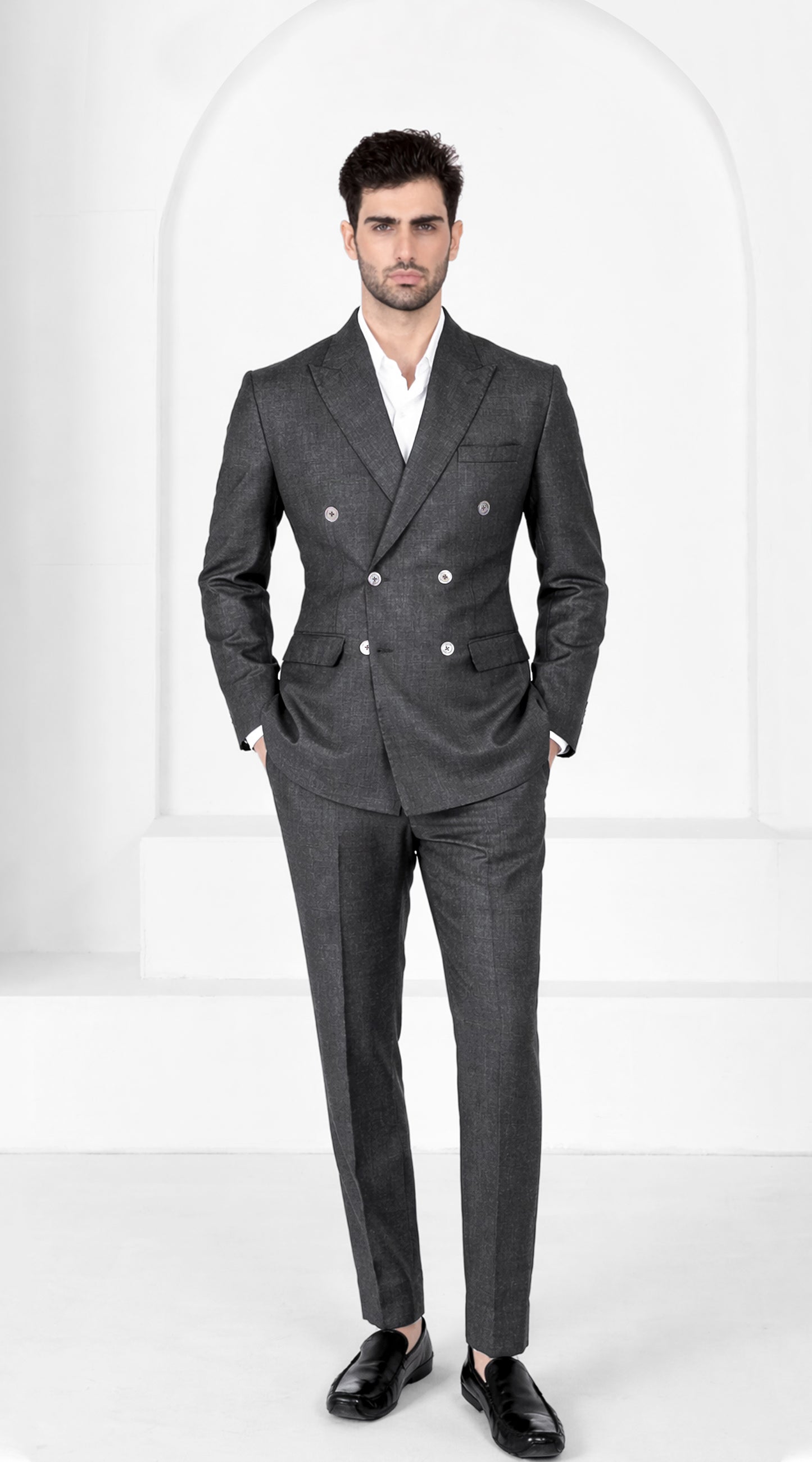Vampire Gray Wool Blend Flannel Double Breasted Slight Stretch Tweed Suit