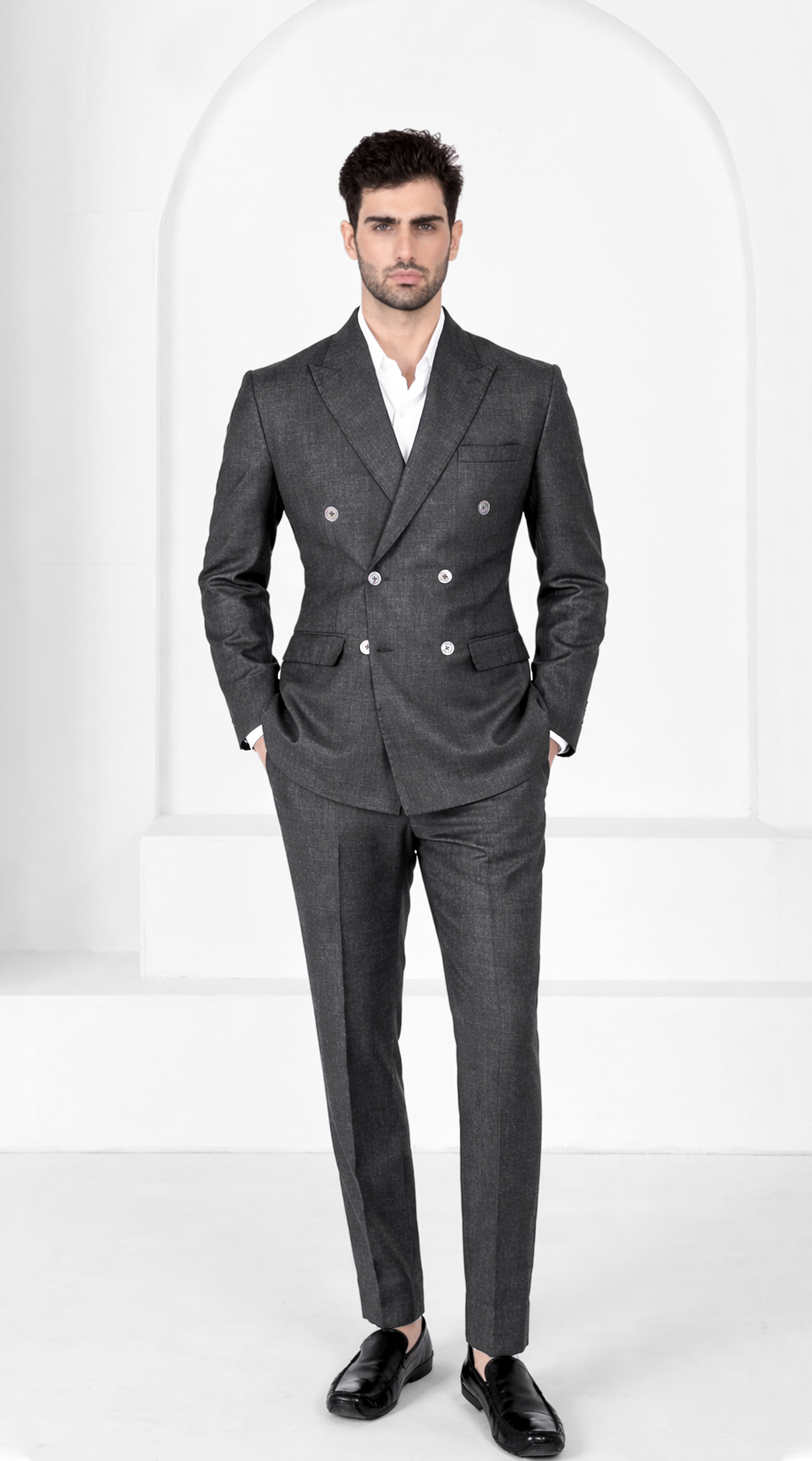 Vampire Gray Wool Blend Flannel Double Breasted Slight Stretch Tweed Suit