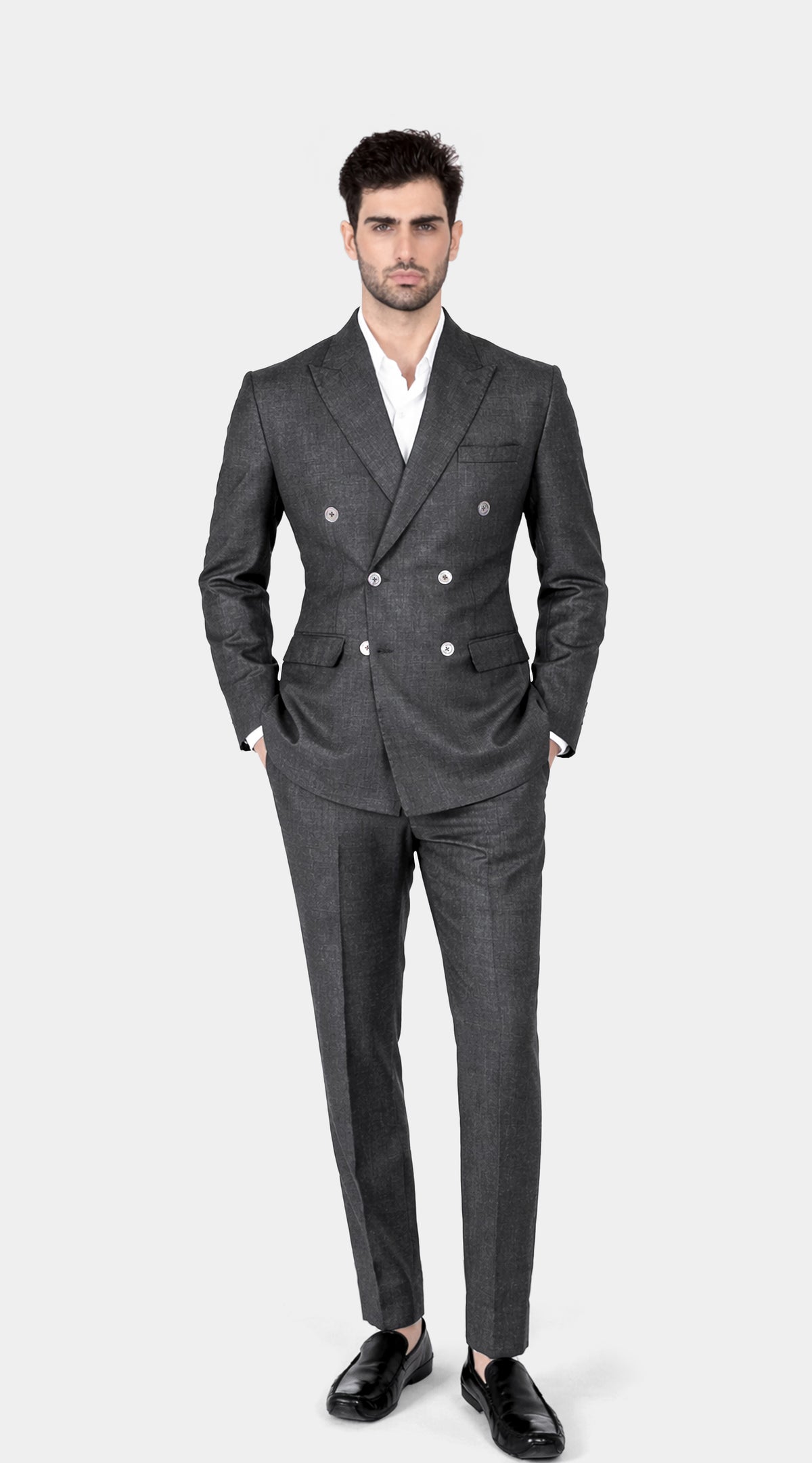 Vampire Gray Wool Blend Flannel Double Breasted Slight Stretch Tweed Suit