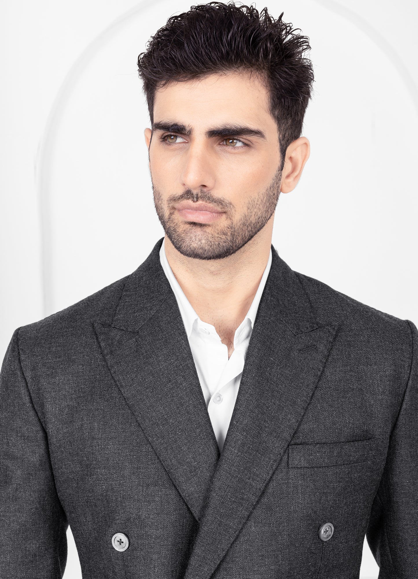 Vampire Gray Wool Blend Flannel Double Breasted Slight Stretch Tweed Suit