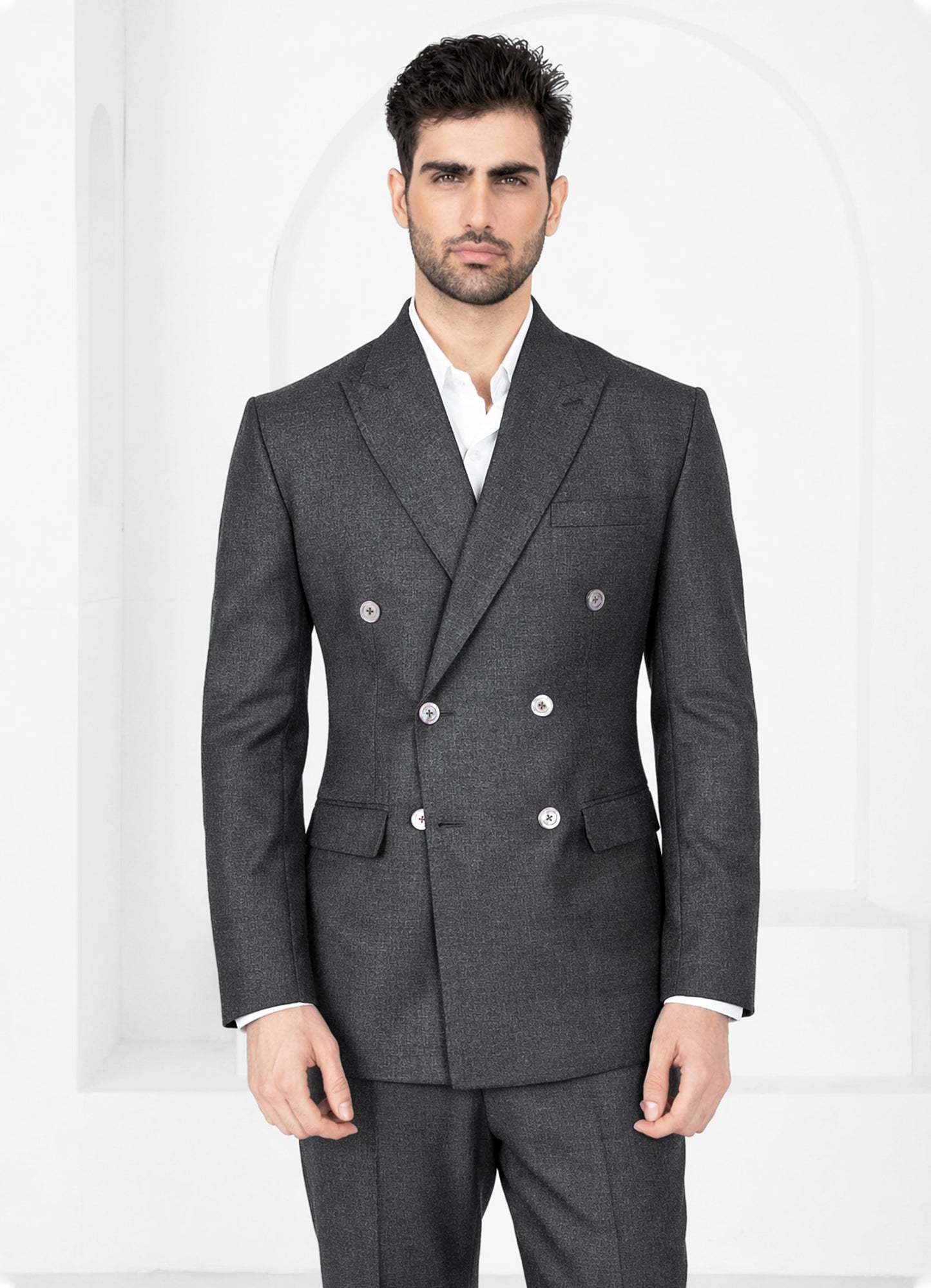 Vampire Gray Wool Blend Flannel Double Breasted Slight Stretch Tweed Blazer