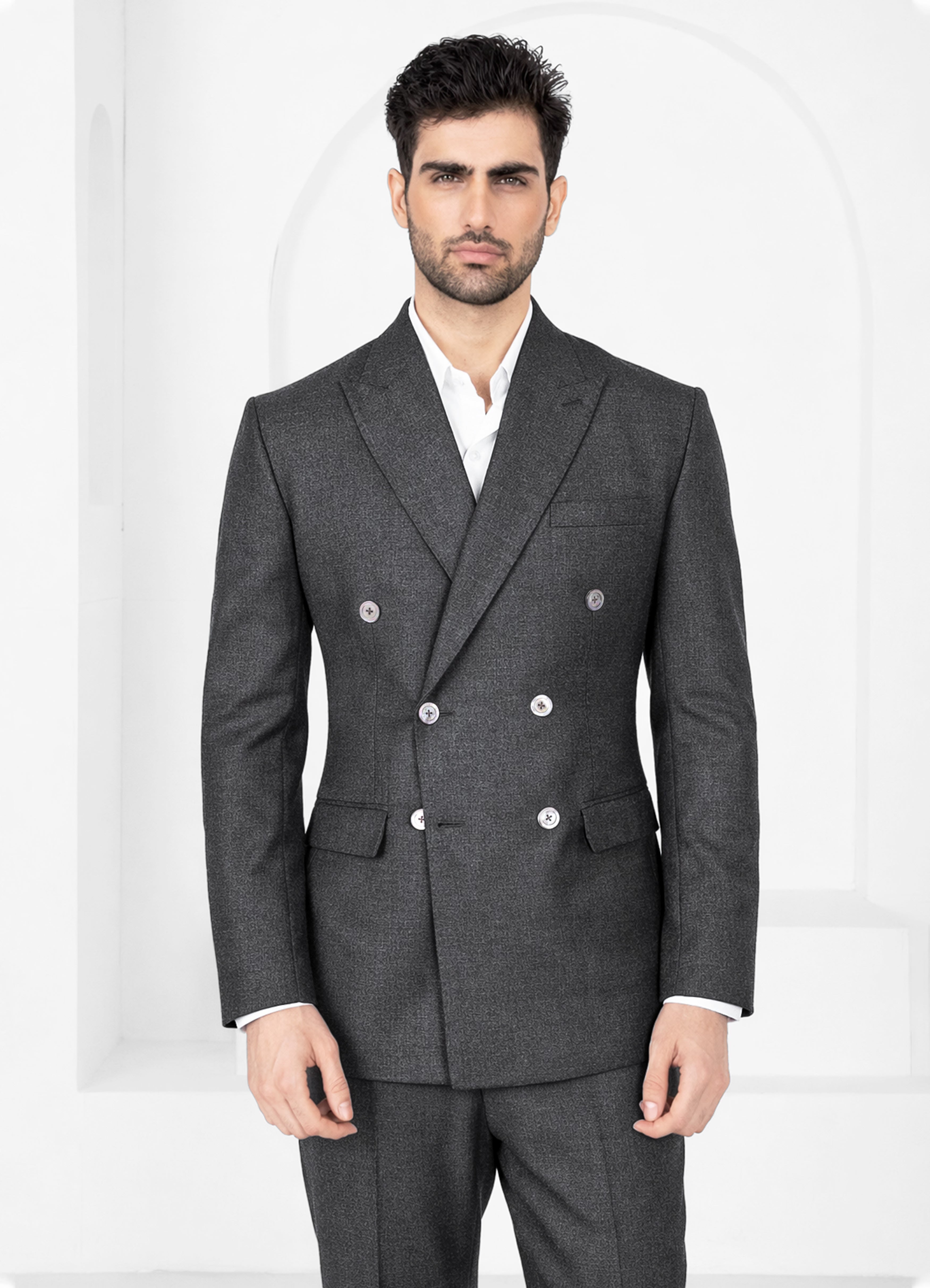 Vampire Gray Wool Blend Flannel Double Breasted Slight Stretch Tweed Blazer