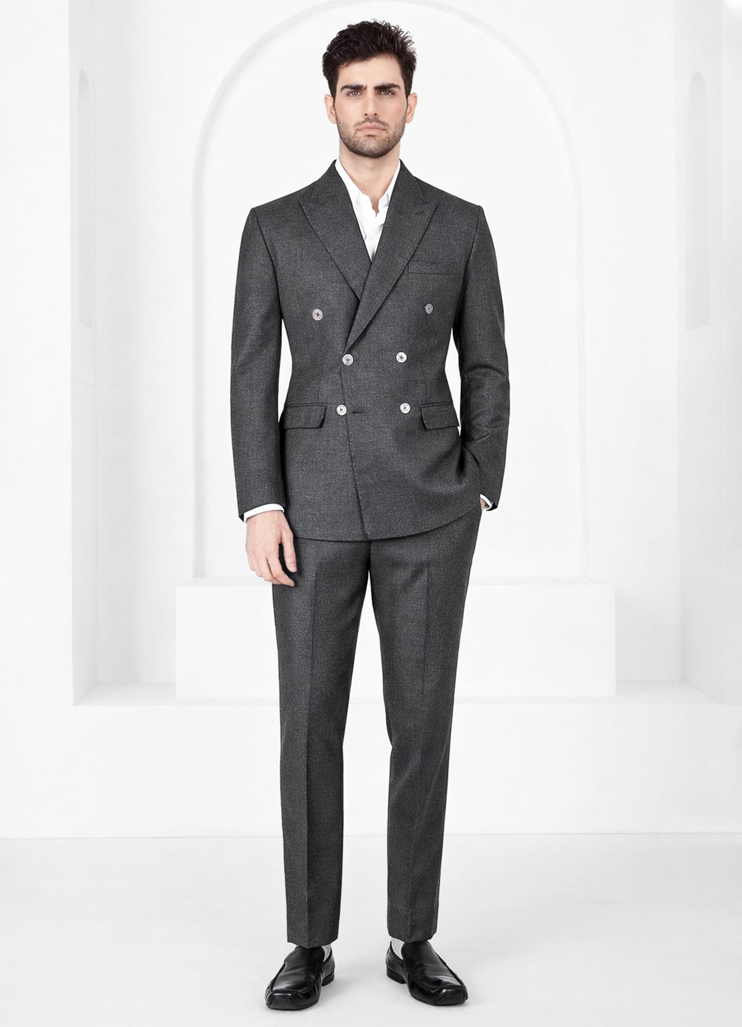 Vampire Gray Wool Blend Flannel Double Breasted Slight Stretch Tweed Suit