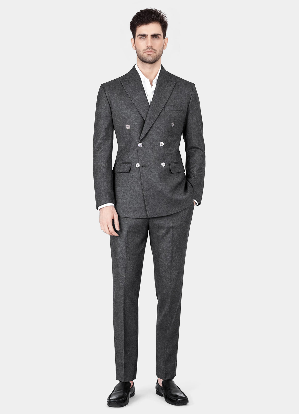 Vampire Gray Wool Blend Flannel Double Breasted Slight Stretch Tweed Suit