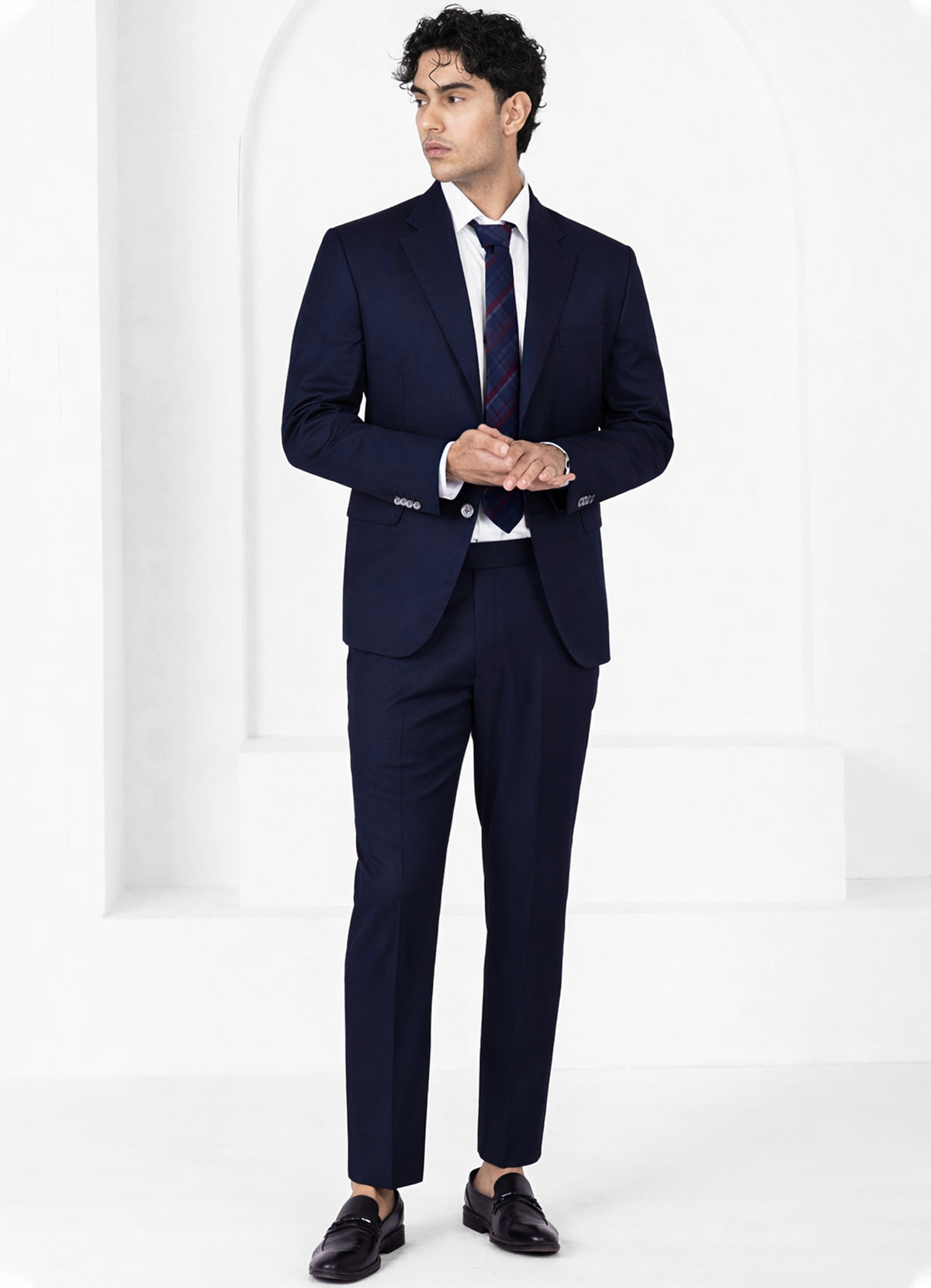 Firefly Blue Worsted Wool 4 Way Stretch Wrinkle Free Fluid Drape Fabric Single Breasted Suit