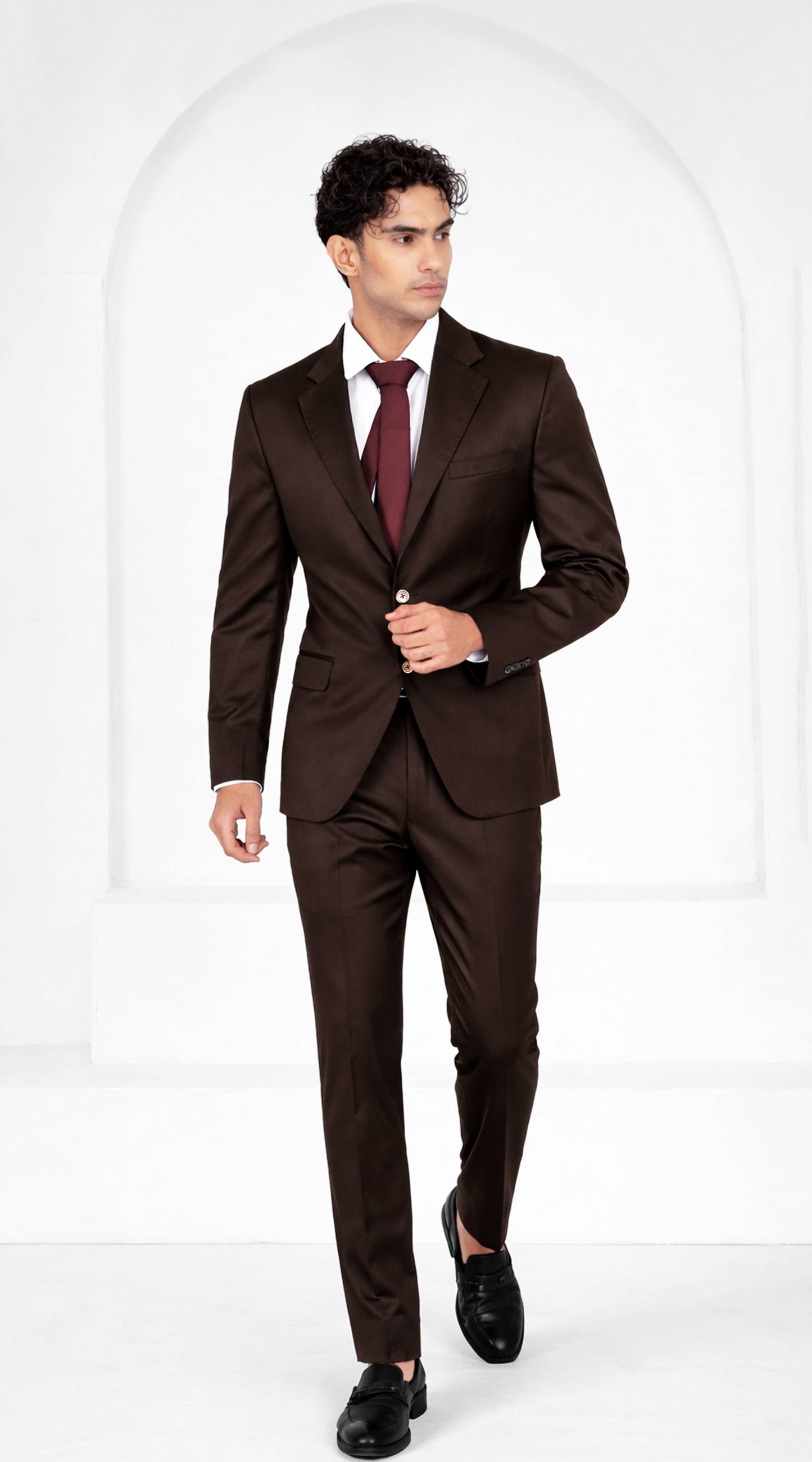Cocoa Brown Worsted Wool 4 Way Stretch Wrinkle Free Fluid Drape Fabric Single Breasted Suit