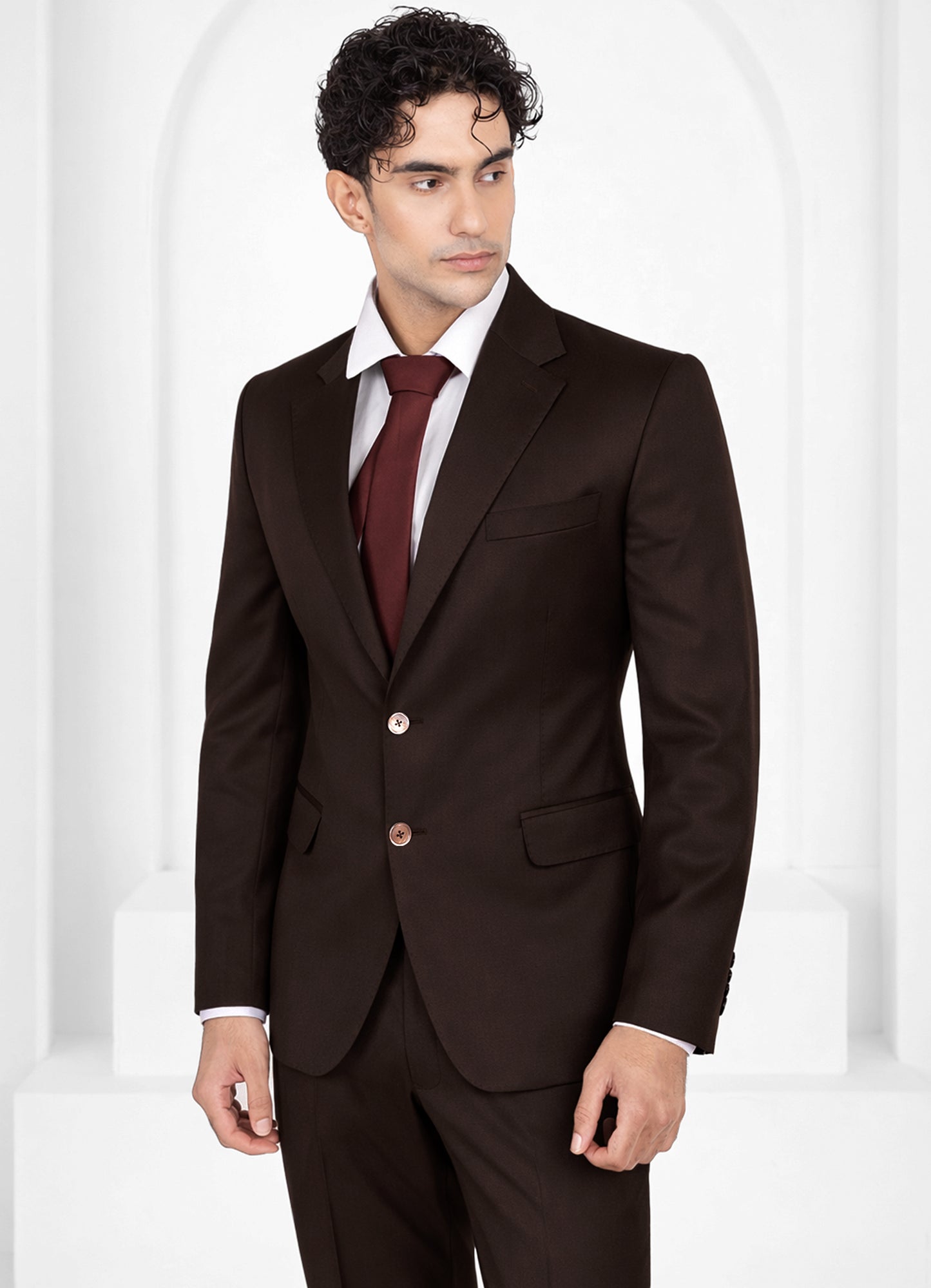 Cocoa Brown Worsted Wool 4 Way Stretch Wrinkle Free Fluid Drape Fabric Single Breasted Suit