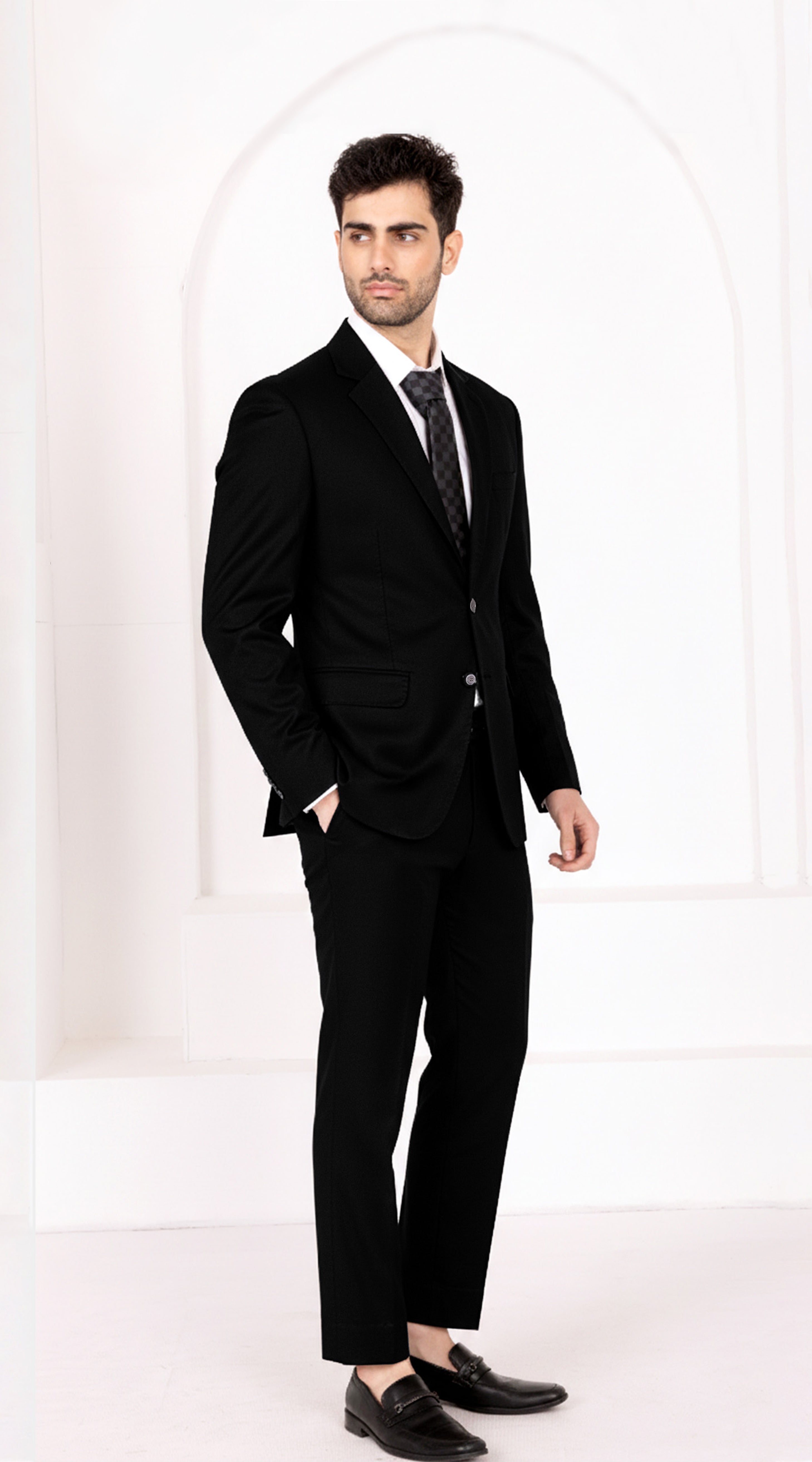 Jade Black Subtle Sheen Wool Rich Stretchable traveler Single Breasted Suit