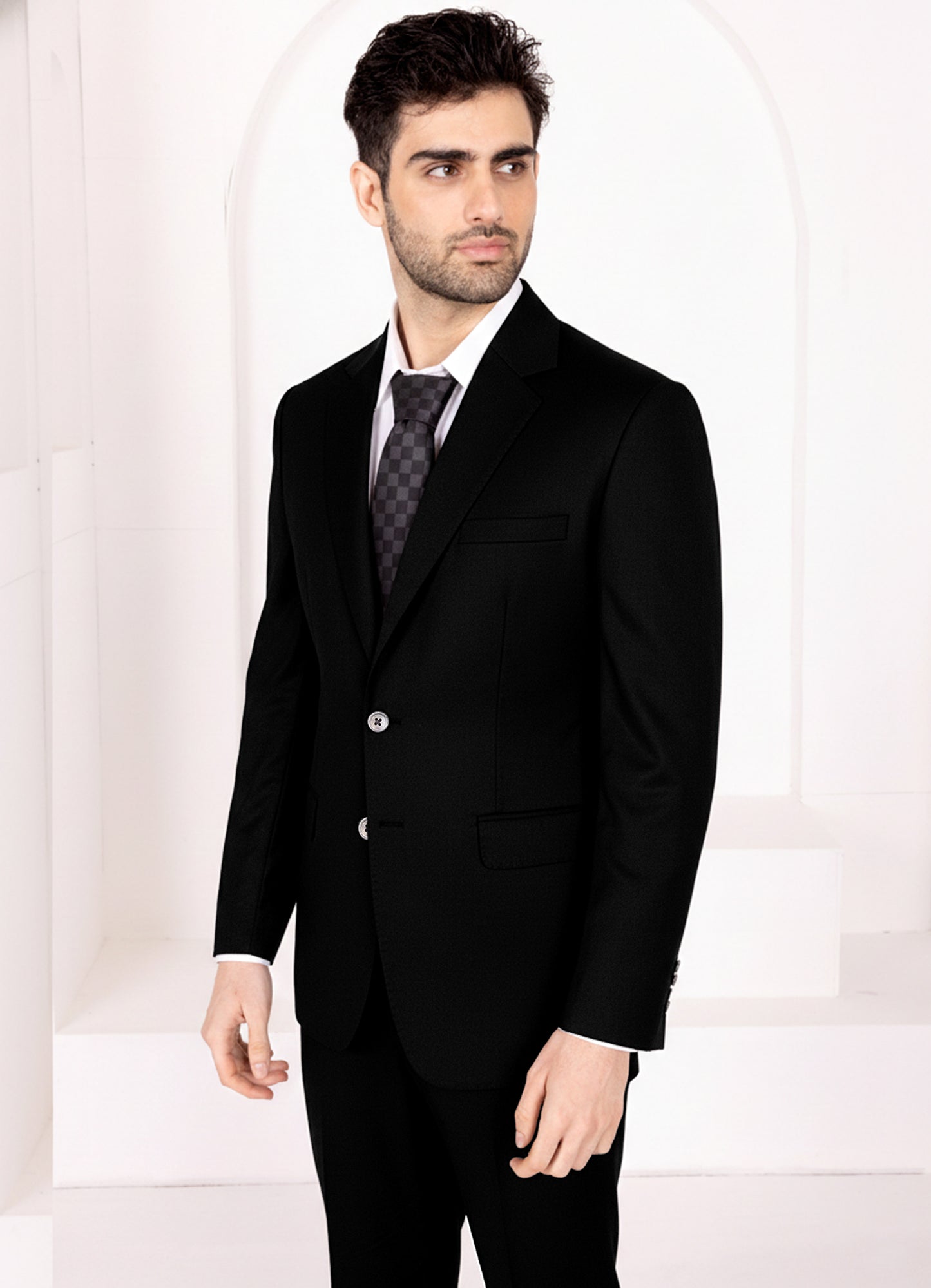 Jade Black Subtle Sheen Wool Rich Stretchable traveler Single Breasted Suit