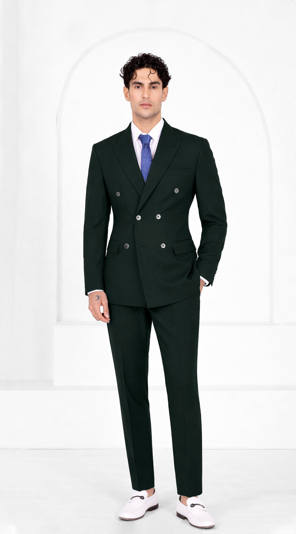 Racing Green Worsted Wool 4 Way Stretch Wrinkle Free Fluid Drape Fabric Double Breasted Suit
