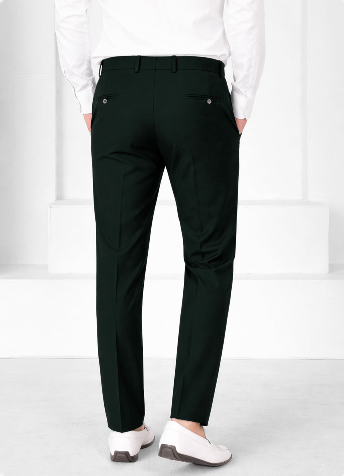 Racing Green Worsted Wool 4 Way Stretch Wrinkle Free Fluid Drape Fabric Double Breasted Suit