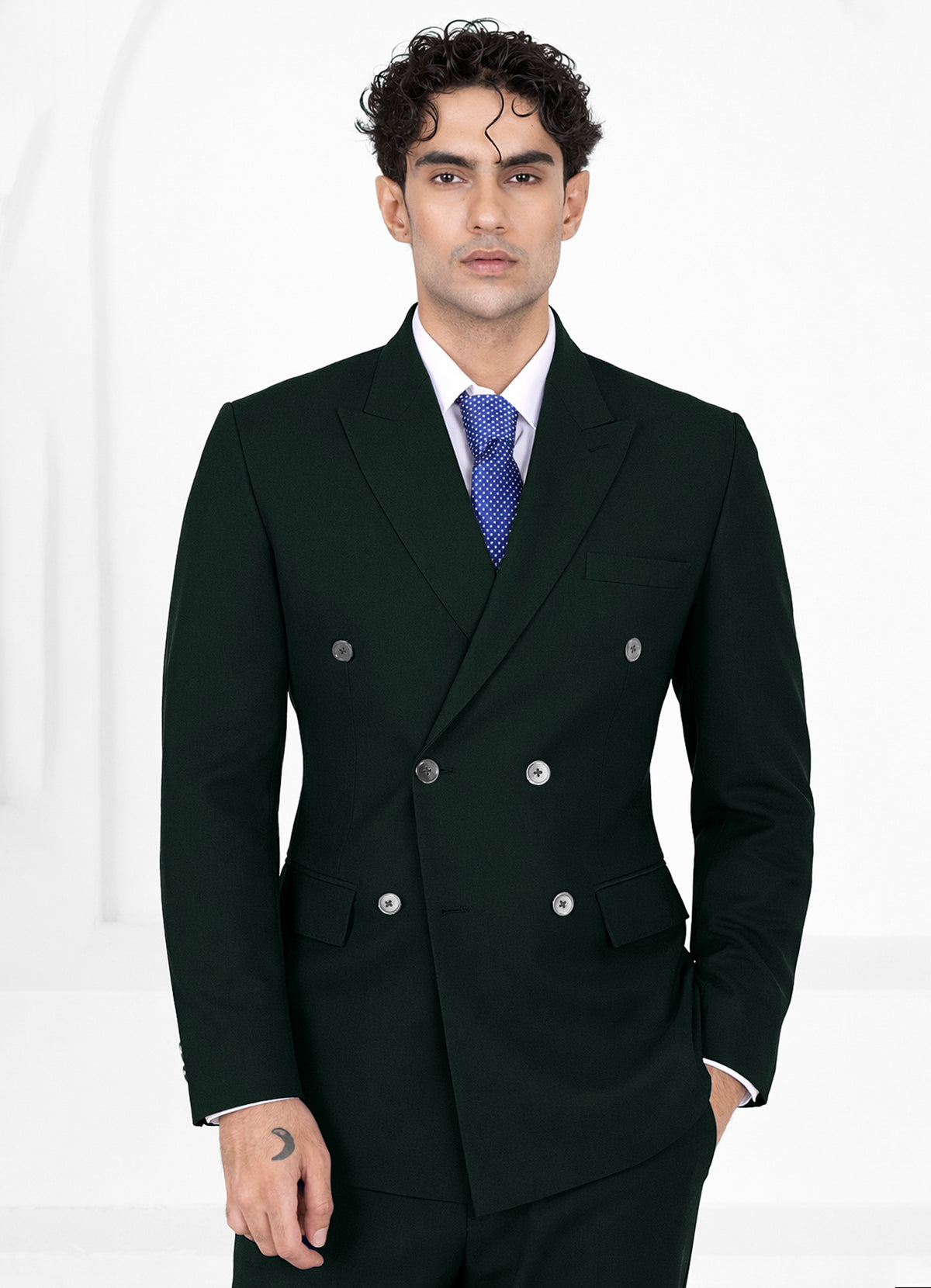 Racing Green Worsted Wool 4 Way Stretch Wrinkle Free Fluid Drape Fabric Double Breasted Suit