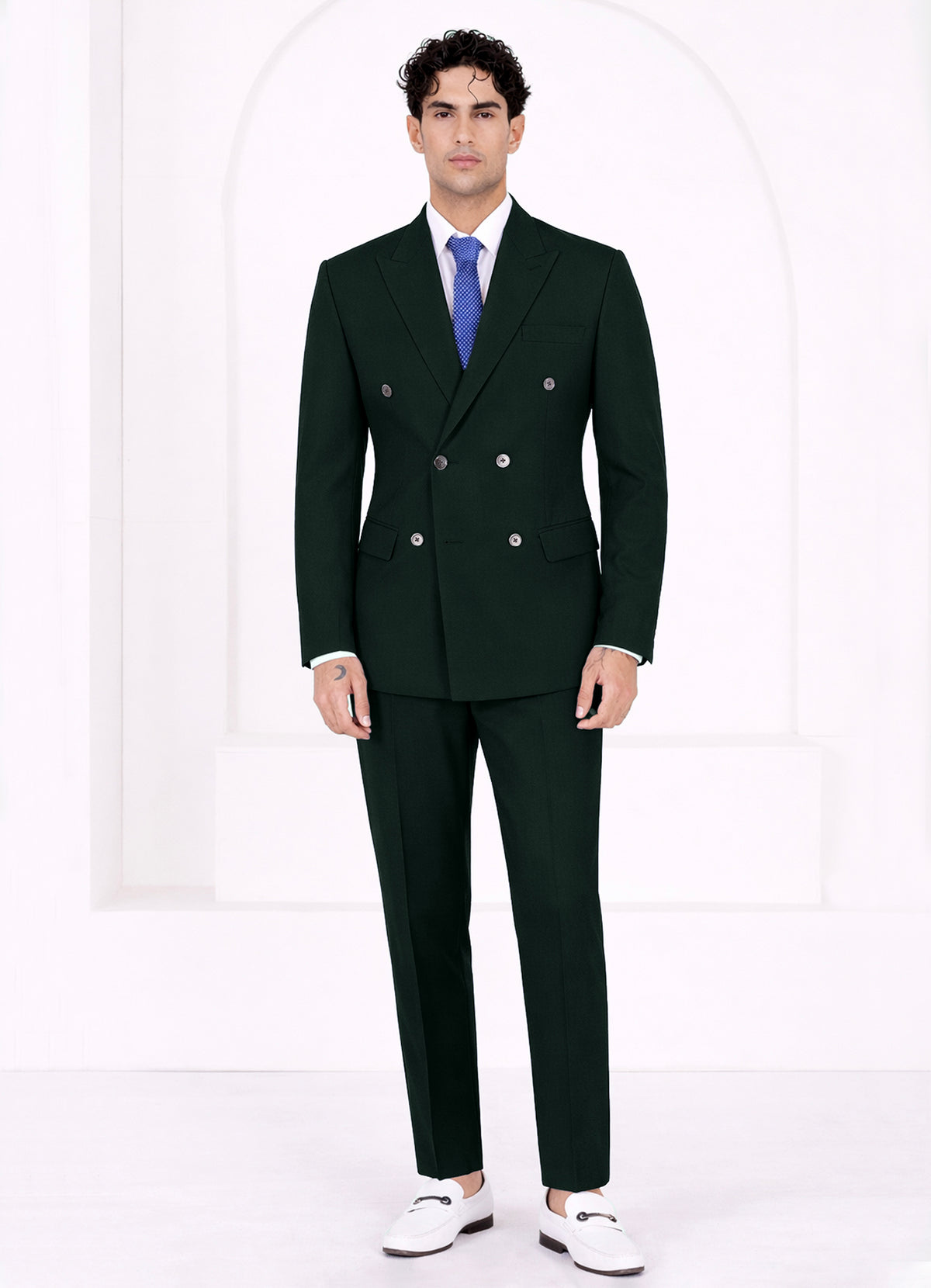 Racing Green Worsted Wool 4 Way Stretch Wrinkle Free Fluid Drape Fabric Double Breasted Suit