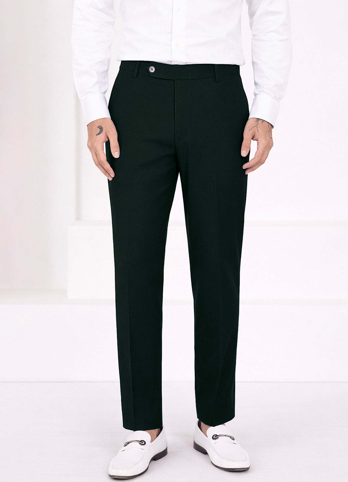 Racing Green Worsted Wool 4 Way Stretch Wrinkle Free Fluid Drape Fabric Stretchable Waistband Pant
