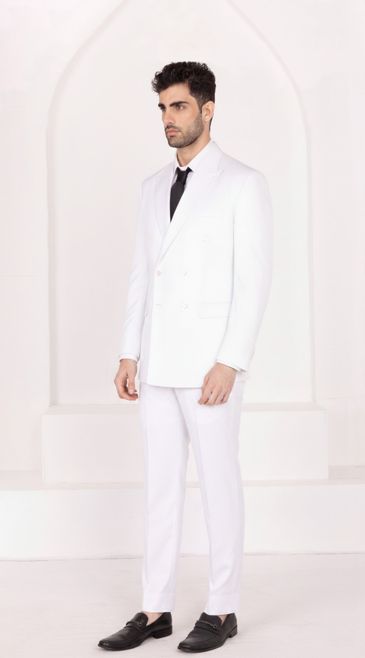 Off White Worsted Wool 4 Way Stretch Wrinkle Free Fluid Drape Fabric Double Breasted Suit
