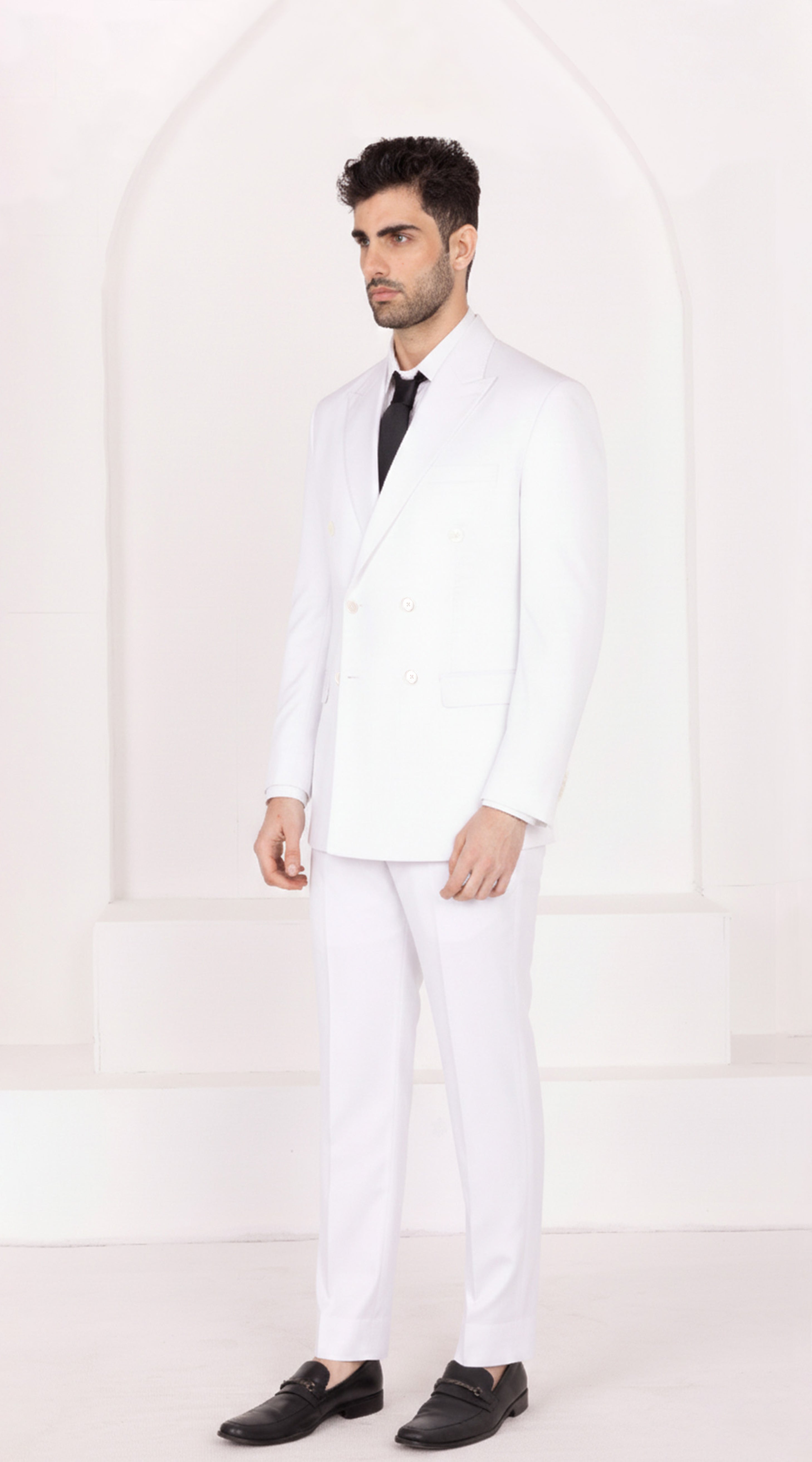 Off White Worsted Wool 4 Way Stretch Wrinkle Free Fluid Drape Fabric Double Breasted Suit