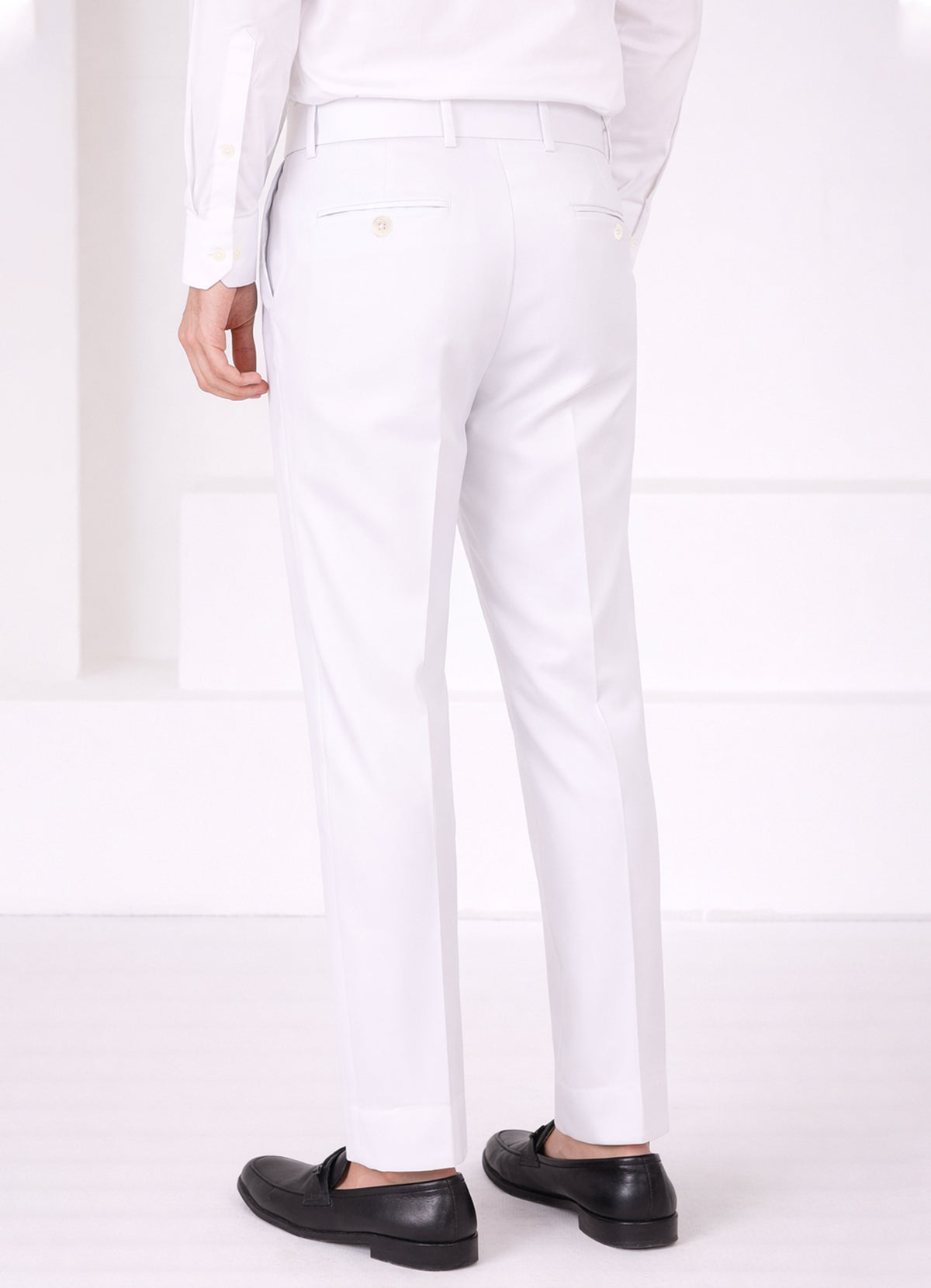 Off White Worsted Wool 4 Way Stretch Wrinkle Free Fluid Drape Fabric Double Breasted Suit