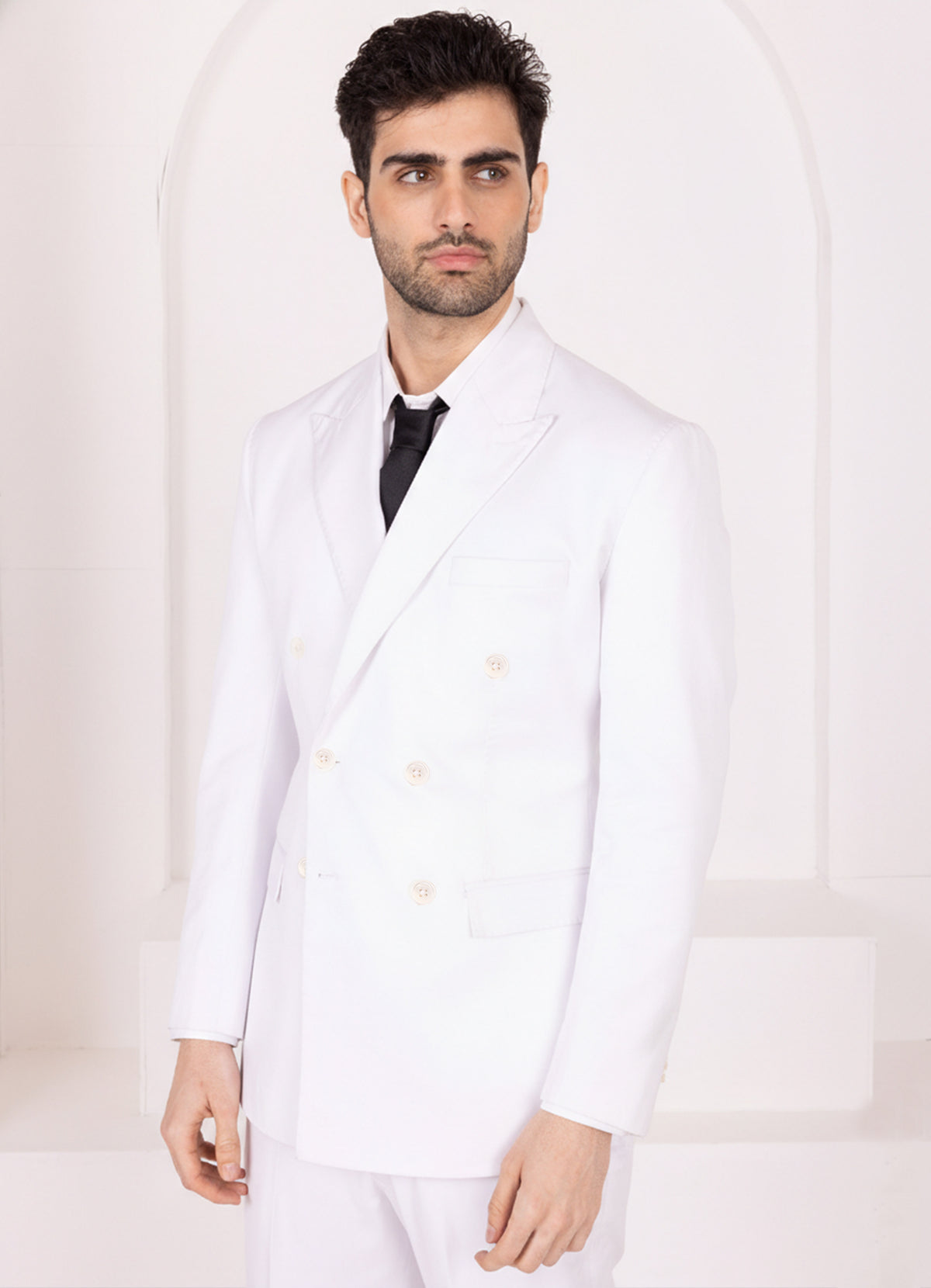 Off White Worsted Wool 4 Way Stretch Wrinkle Free Fluid Drape Fabric Double Breasted Suit