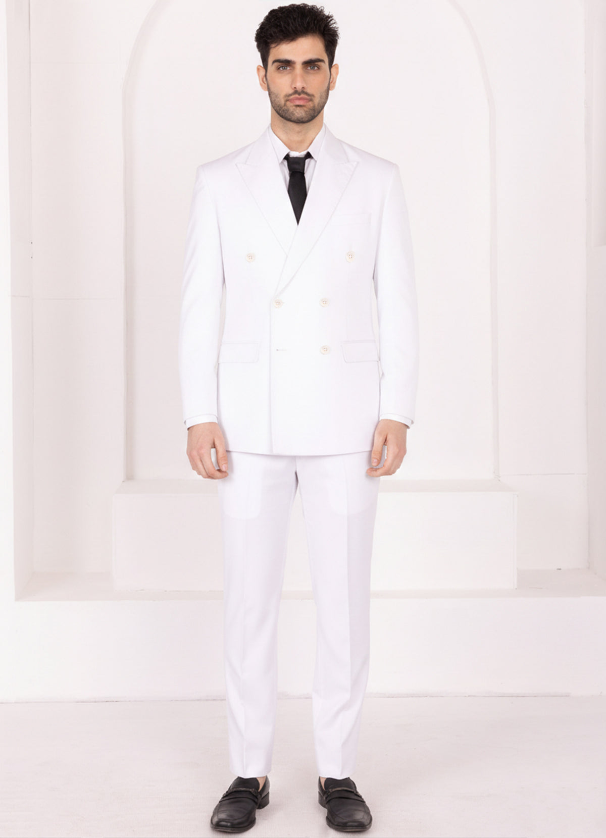 Off White Worsted Wool 4 Way Stretch Wrinkle Free Fluid Drape Fabric Double Breasted Suit