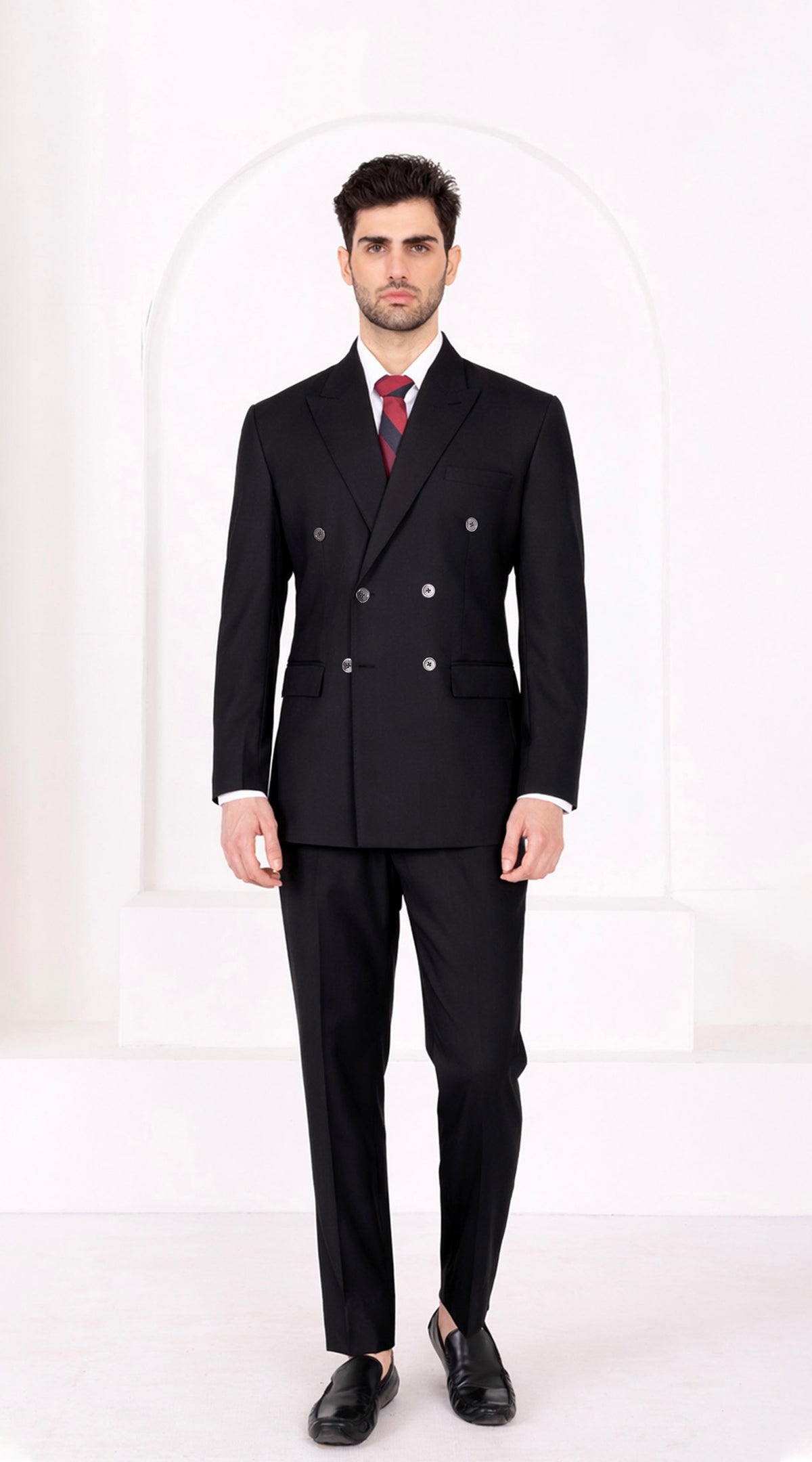 Jade Black Worsted Wool 4 Way Stretch Wrinkle Free Fluid Drape Fabric Double Breasted Suit
