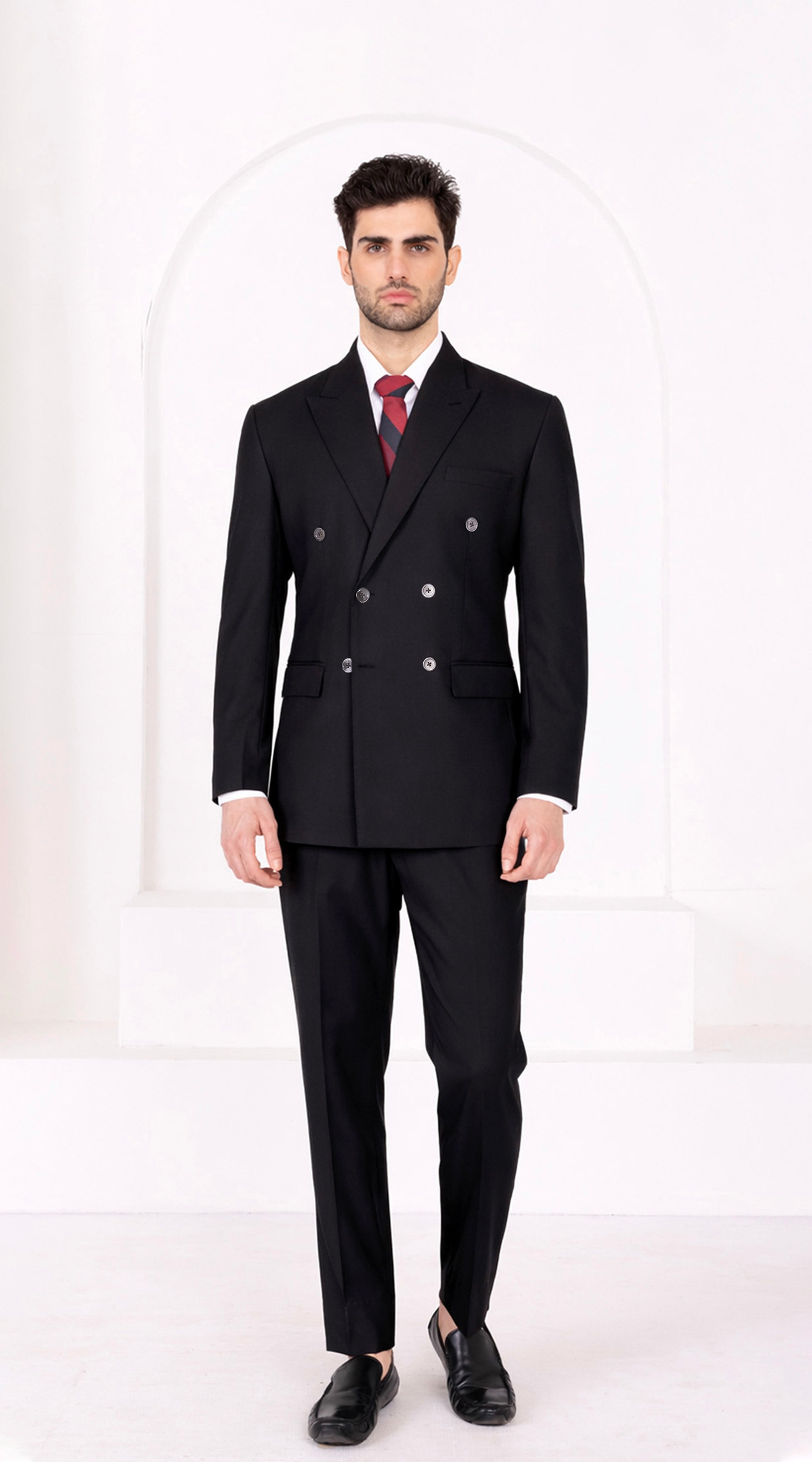 Jade Black Worsted Wool 4 Way Stretch Wrinkle Free Fluid Drape Fabric Double Breasted Suit