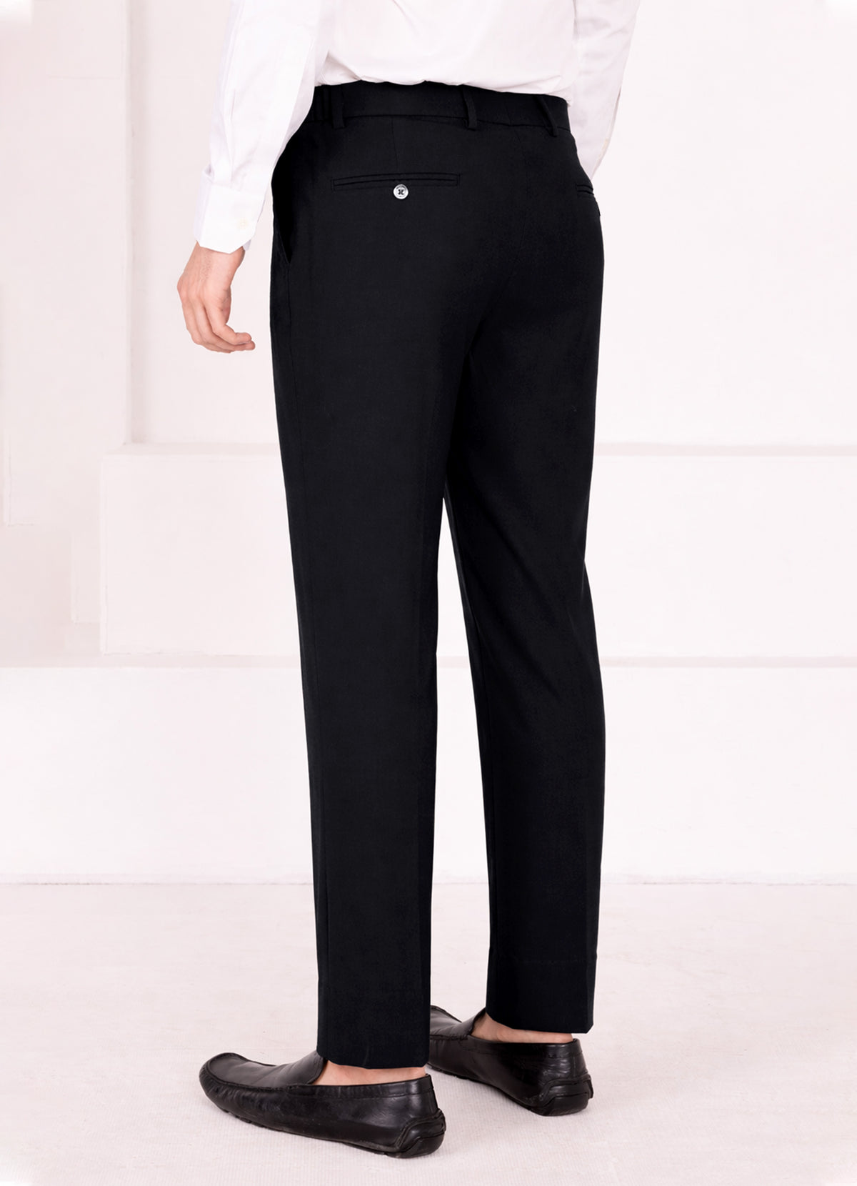 Jade Black Worsted Wool 4 Way Stretch Wrinkle Free Fluid Drape Fabric Double Breasted Suit