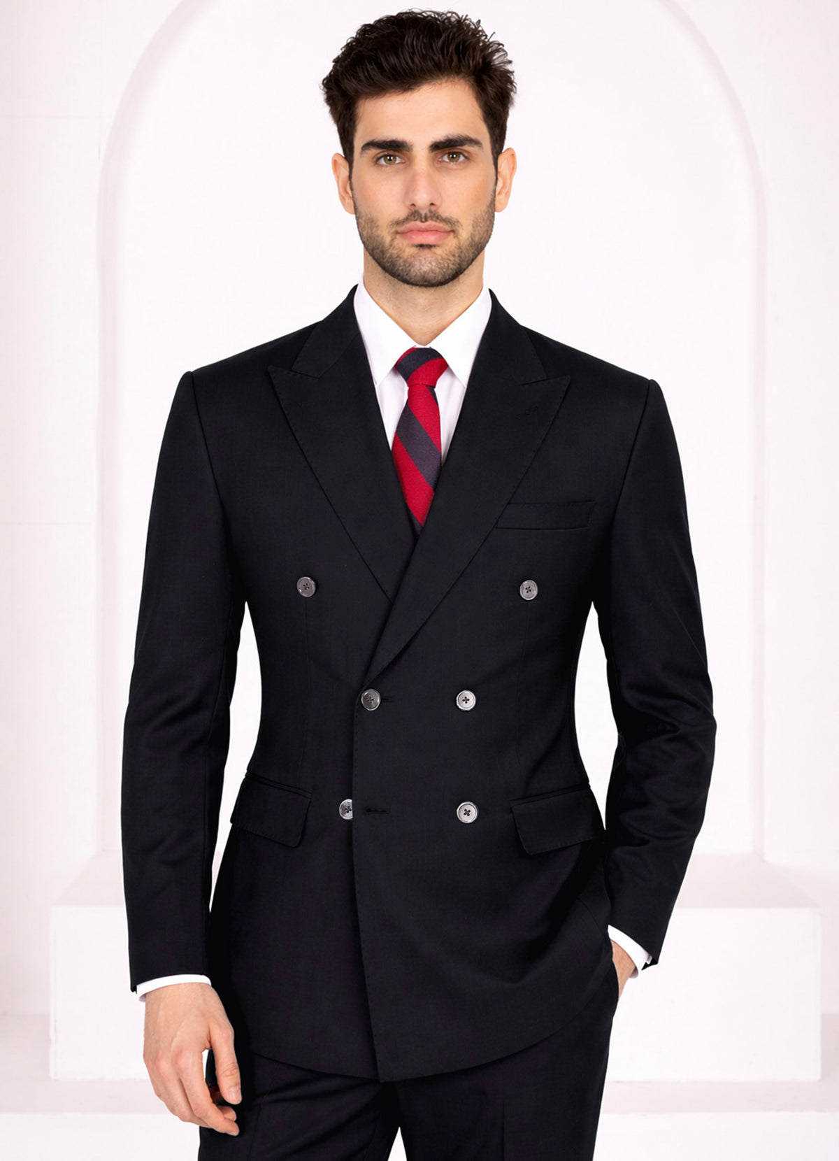 Jade Black Worsted Wool 4 Way Stretch Wrinkle Free Fluid Drape Fabric Double Breasted Suit