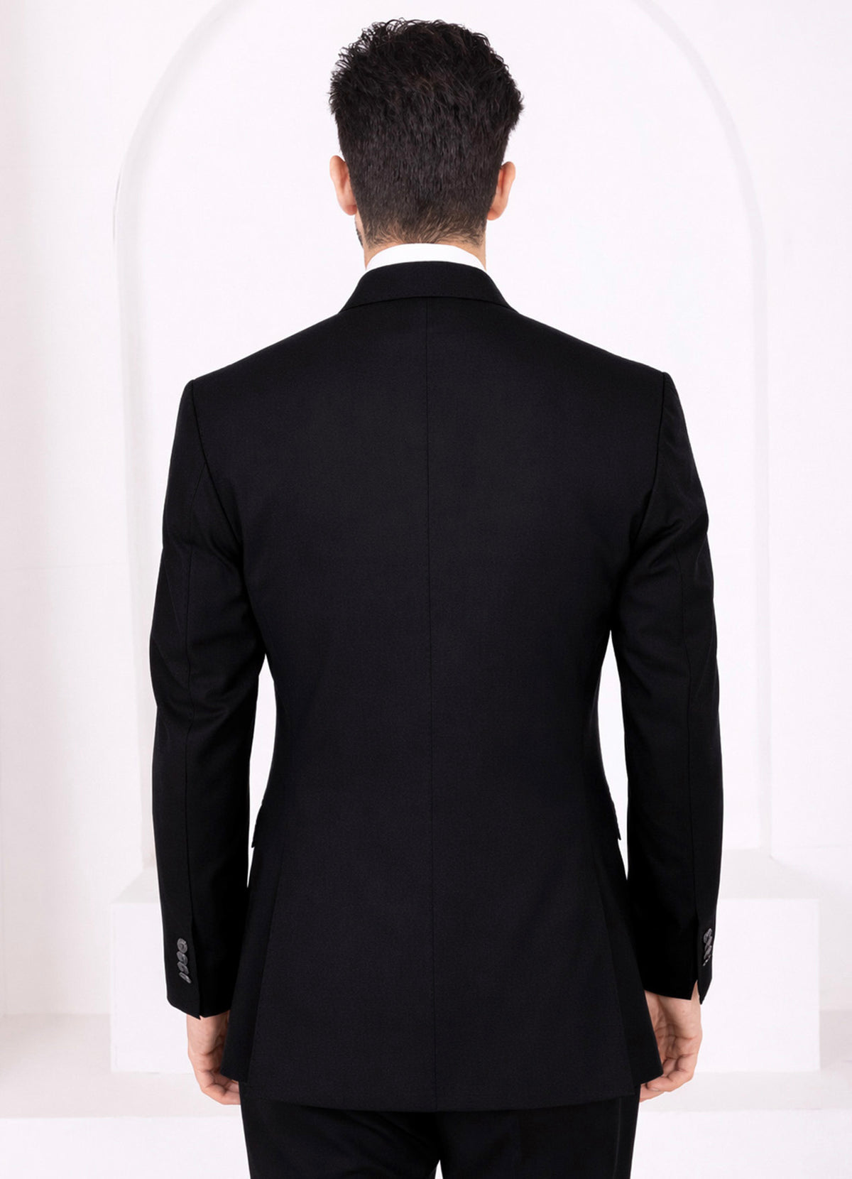 Jade Black Worsted Wool 4 Way Stretch Wrinkle Free Fluid Drape Fabric Double Breasted Suit