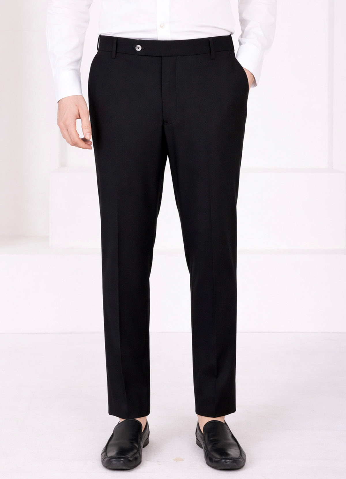 Jade Black Worsted Wool 4 Way Stretch Wrinkle Free Fluid Drape Fabric Double Breasted Suit