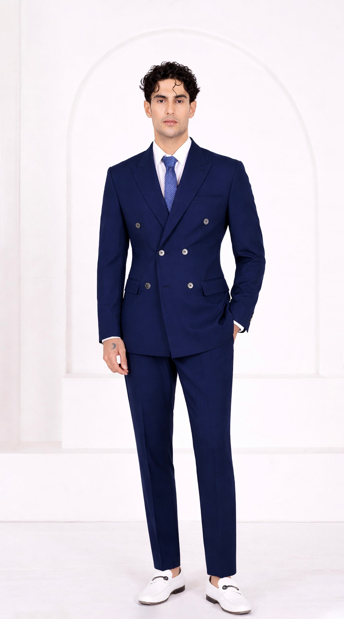 Sapphire Blue Worsted Wool 4 Way Stretch Wrinkle Free Fluid Drape Fabric Double Breasted Suit