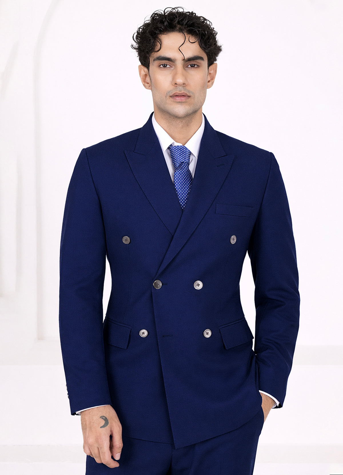 Sapphire Blue Worsted Wool 4 Way Stretch Wrinkle Free Fluid Drape Fabric Double Breasted Suit