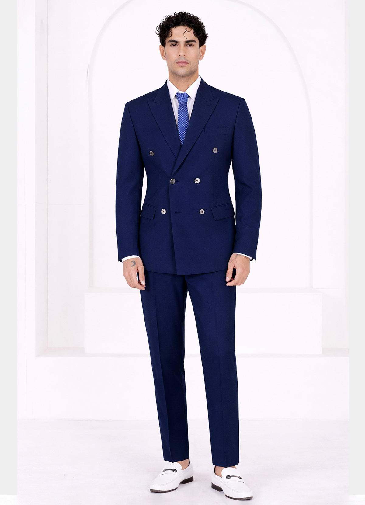 Sapphire Blue Worsted Wool 4 Way Stretch Wrinkle Free Fluid Drape Fabric Double Breasted Suit