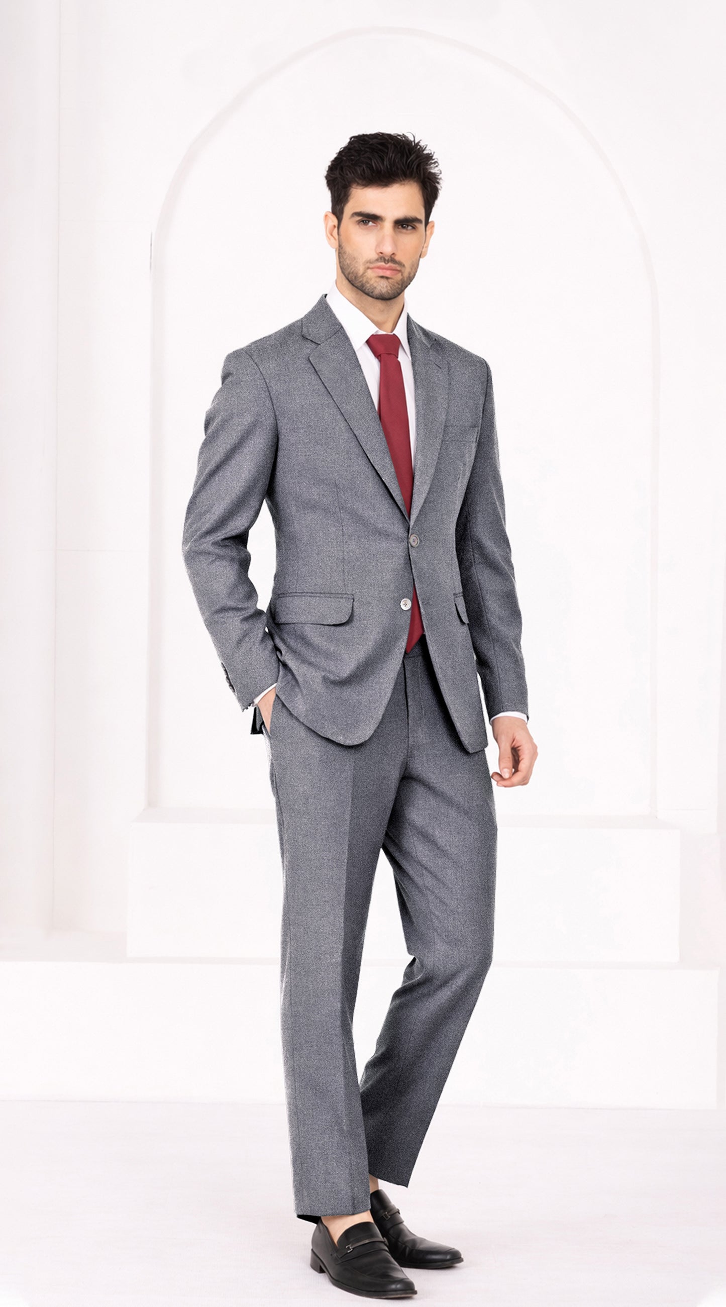 Carbon Gray Worsted Wool 4 Way Stretch Wrinkle Free Fluid Drape Fabric Single Breasted Suit