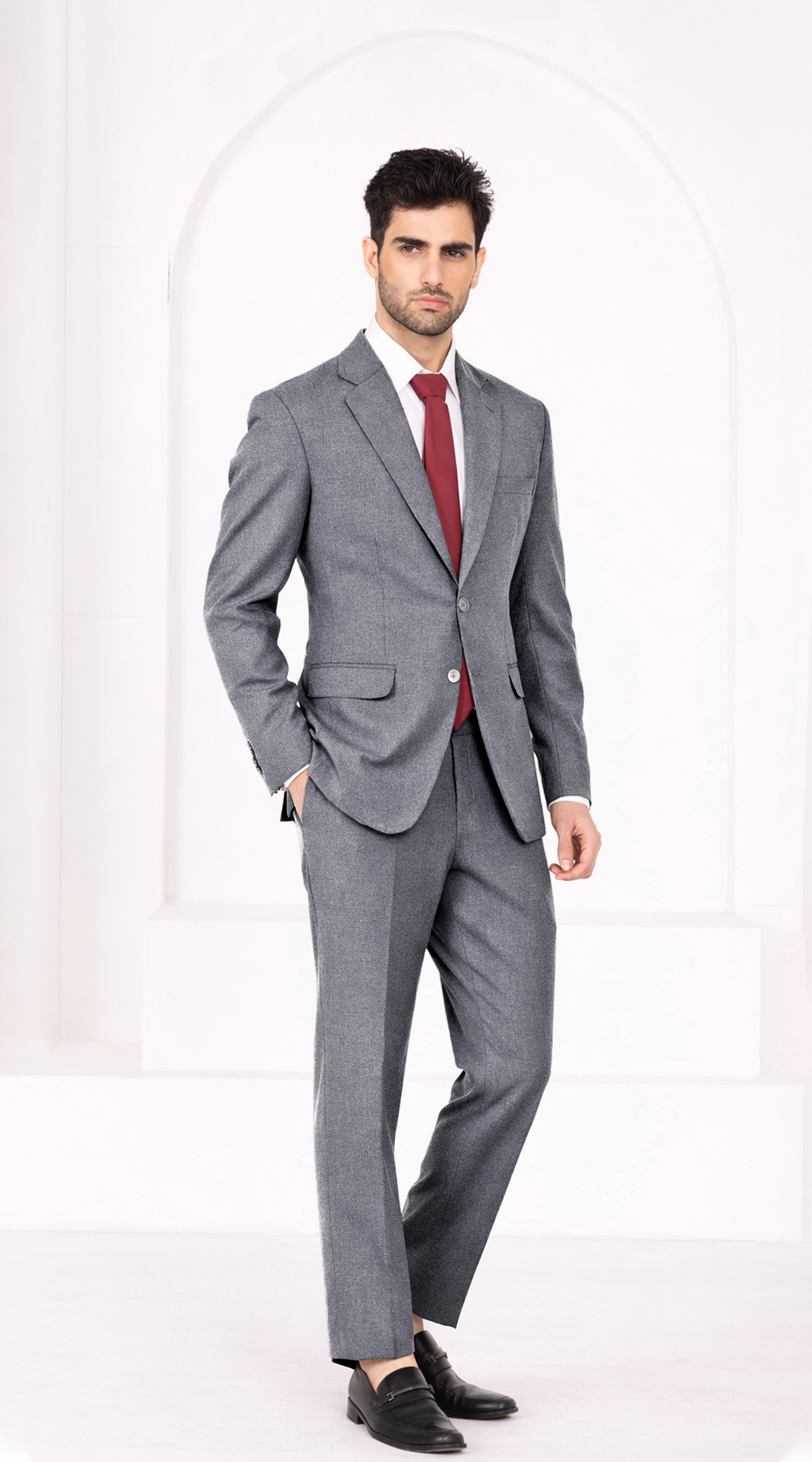 Carbon Gray Worsted Wool 4 Way Stretch Wrinkle Free Fluid Drape Fabric Single Breasted Suit