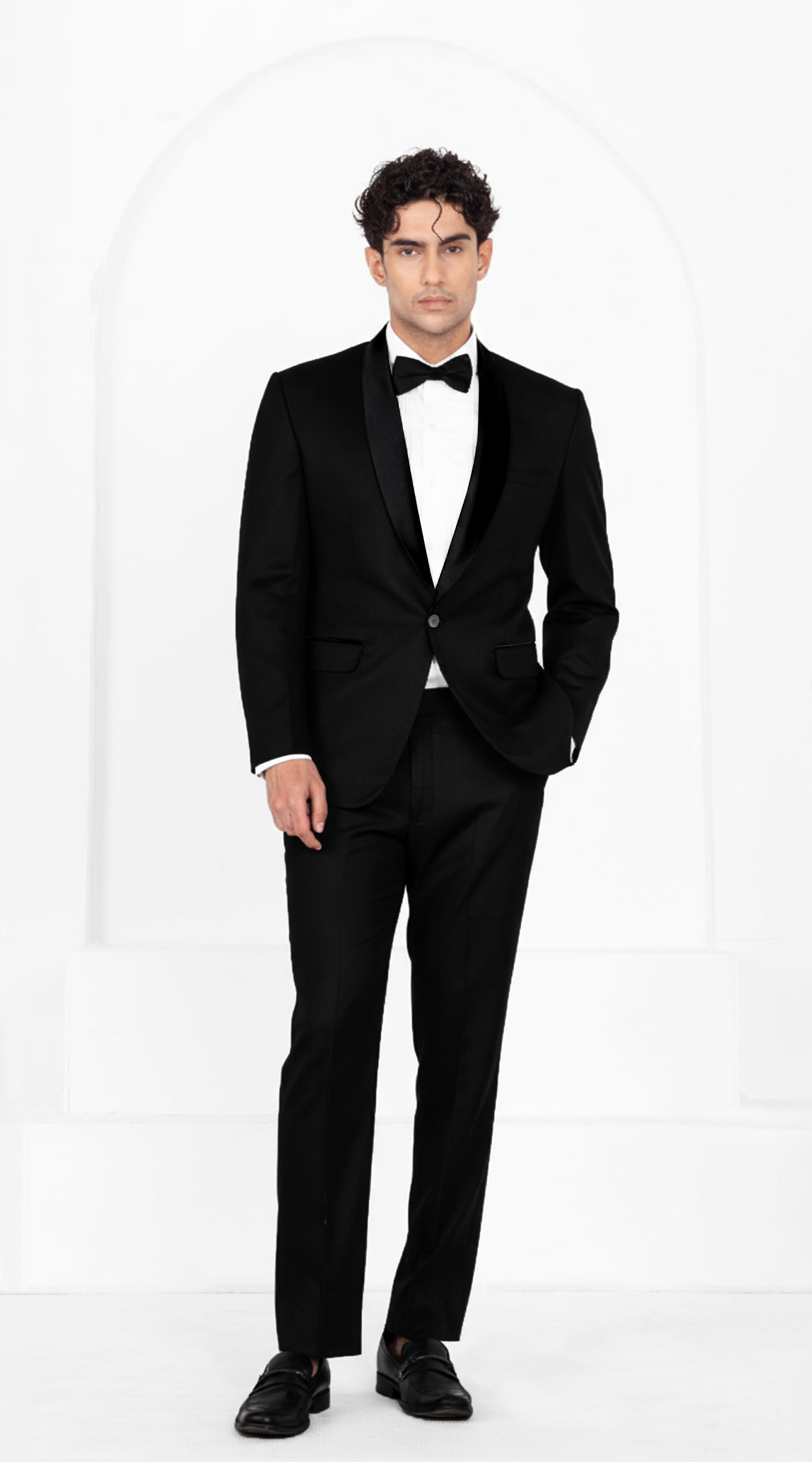 Jade Black Wool Rich Wrinkle Free Fluid Drape Fabric Tuxedo Suit