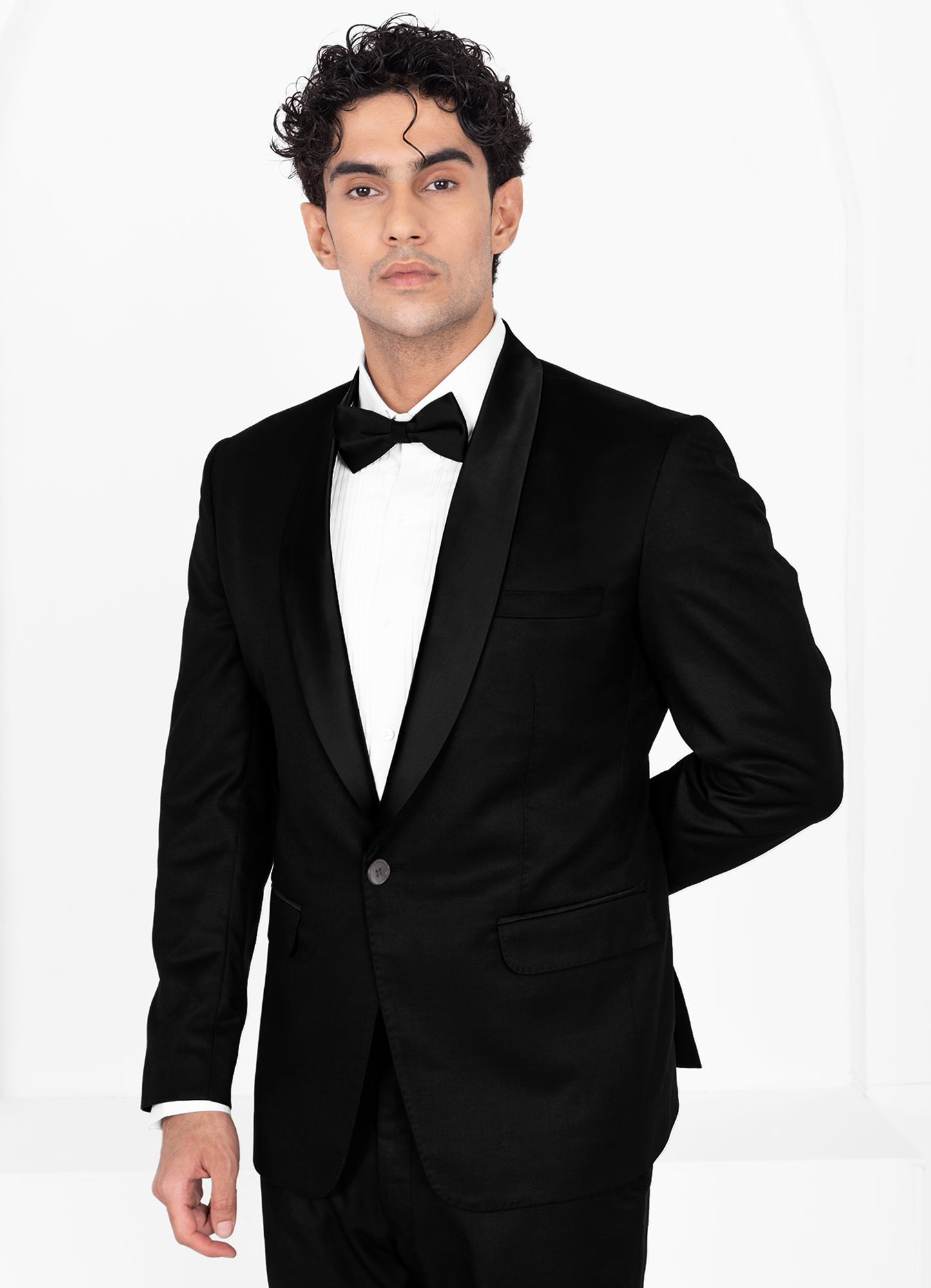 Jade Black Wool Rich Wrinkle Free Fluid Drape Fabric Tuxedo Blazer